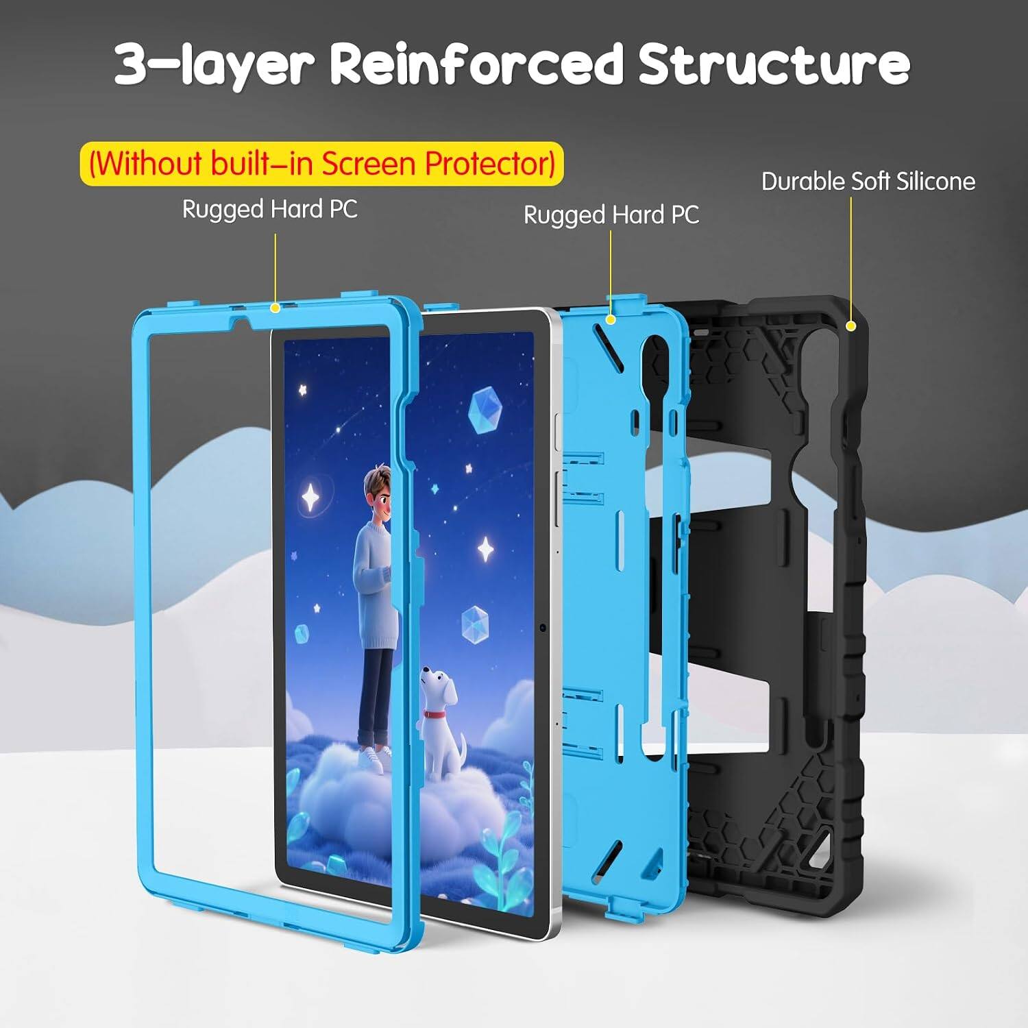 3-layer Reinforced Structure (Without built-in Screen Protector)  
Rugged Hard PC  
Rugged Hard PC  
Durable Soft Silicone