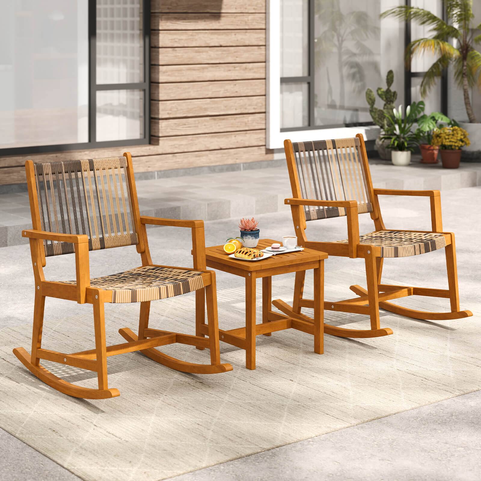Alt View 1. Costway - Costway 3 Piece Patio Rocking Set with Rattan Seat & Back Square Side Table for Porch - Brown.