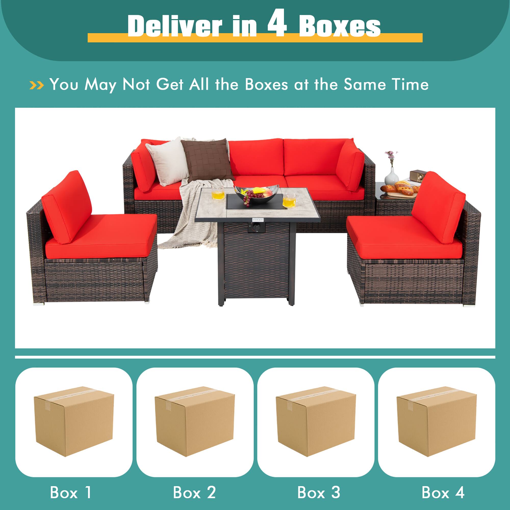 Deliver in 4 Boxes  
>> You May Not Get All the Boxes at the Same Time  

Box 1  
Box 2  
Box 3  
Box 4