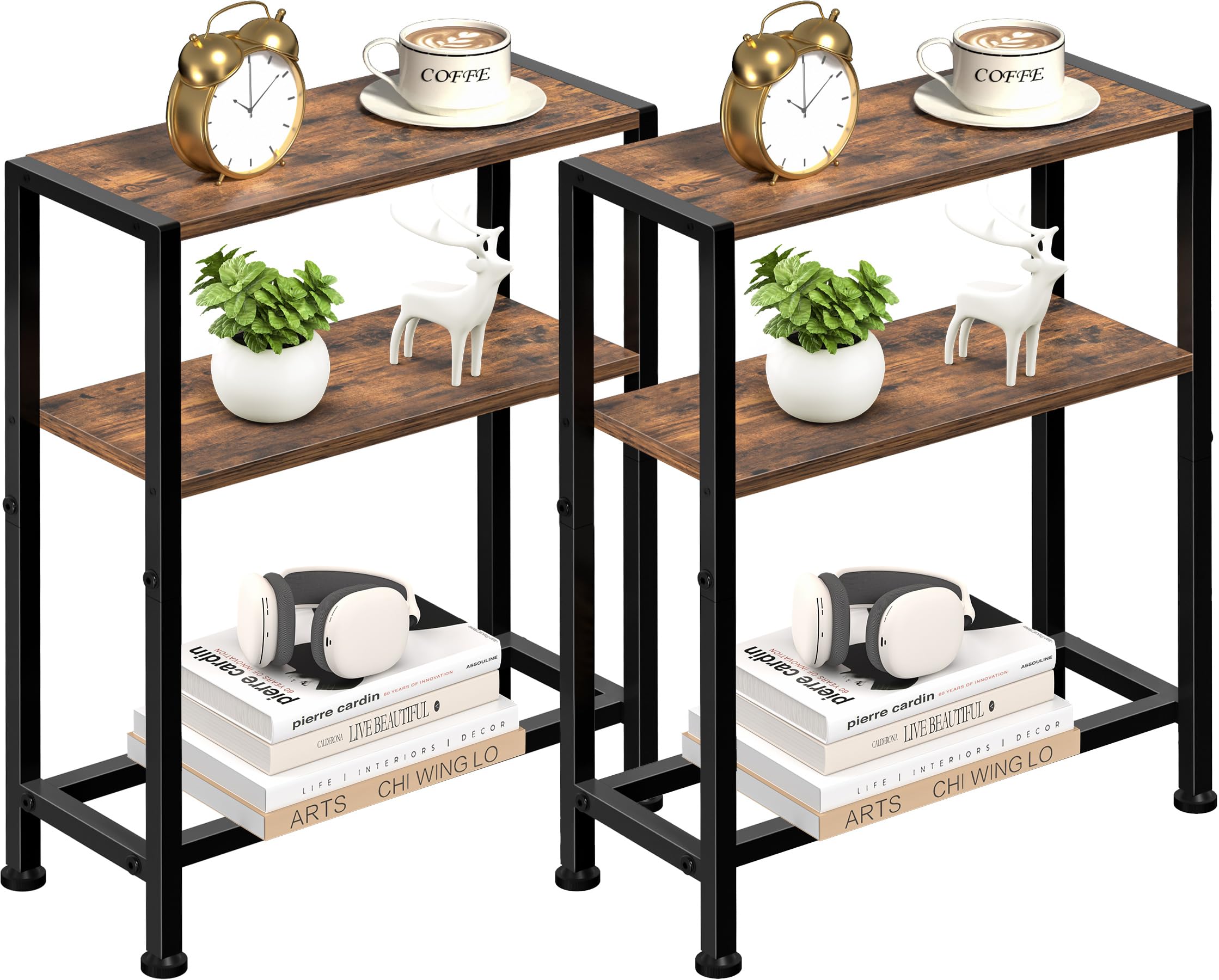 PO3TICJUNKI3 - Narrow Side Table For Space 2-tier End With Shelf Holder Slim Nightstand Skinny Snack Couch In Living Room - Rustic Brown-3tier