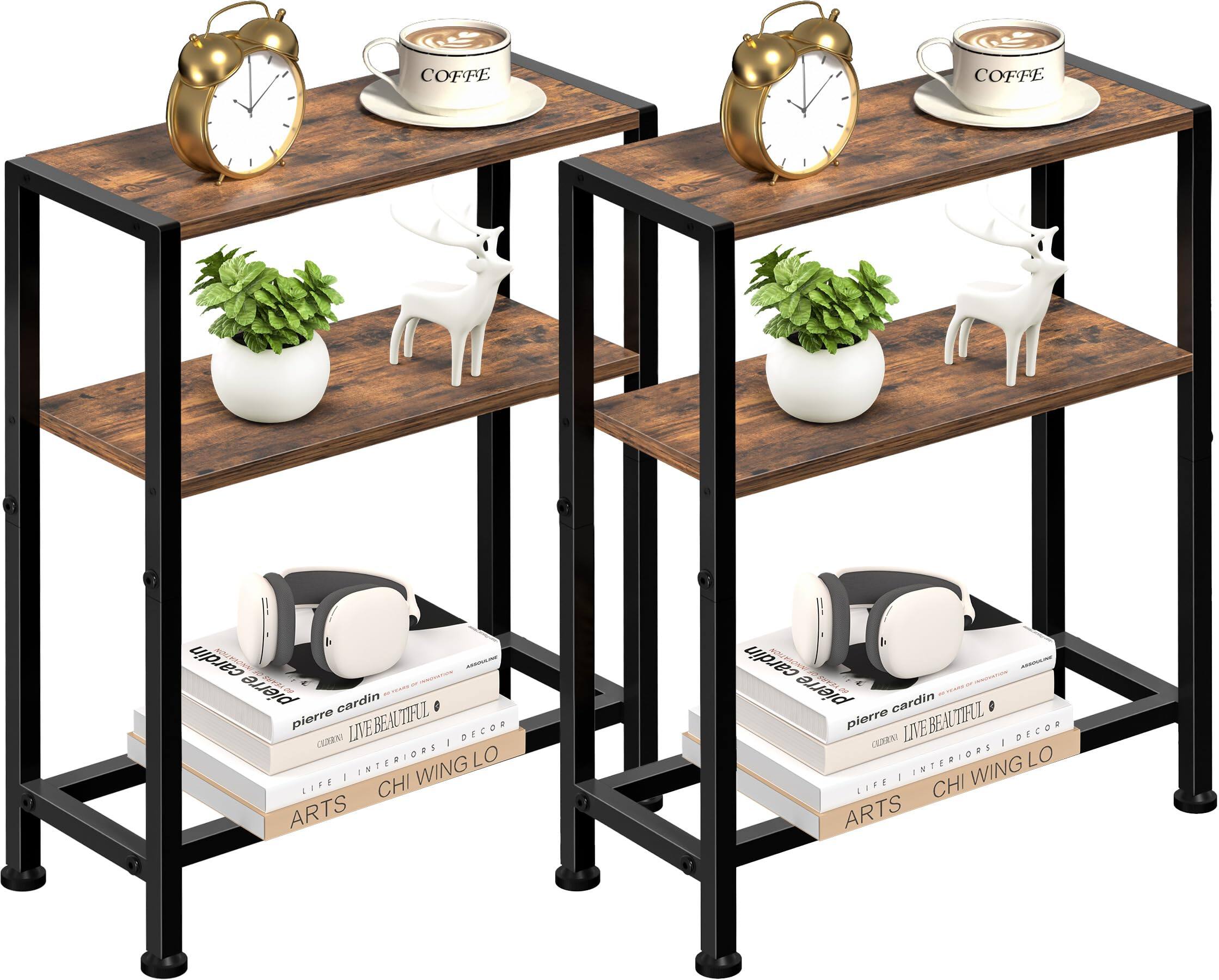 PO3TICJUNKI3 - Narrow Side Table For Space 2-tier End With Shelf Holder Slim Nightstand Skinny Snack Couch In Living Room - Rustic Brown-3tier