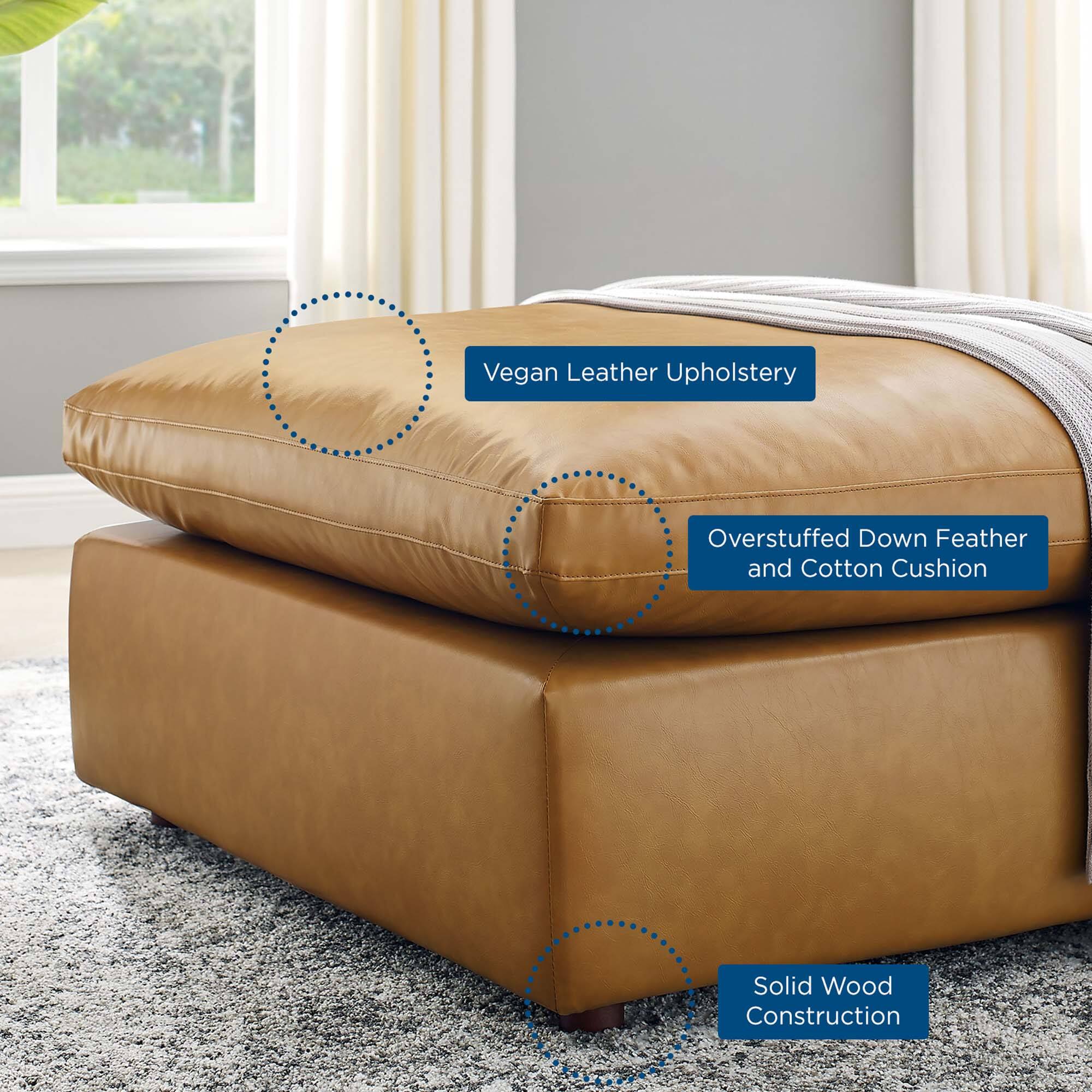 - Vegan Leather Upholstery
- Overstuffed Down Feather and Cotton Cushion
- Solid Wood Construction