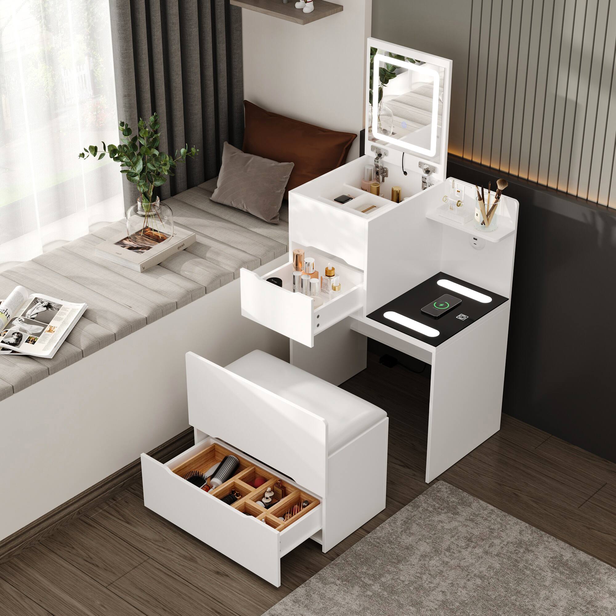 Alt View 4. Famapy - Famapy Multifunctional Vanity Nightstand: Your Compact Beauty & Storage Hub - White.