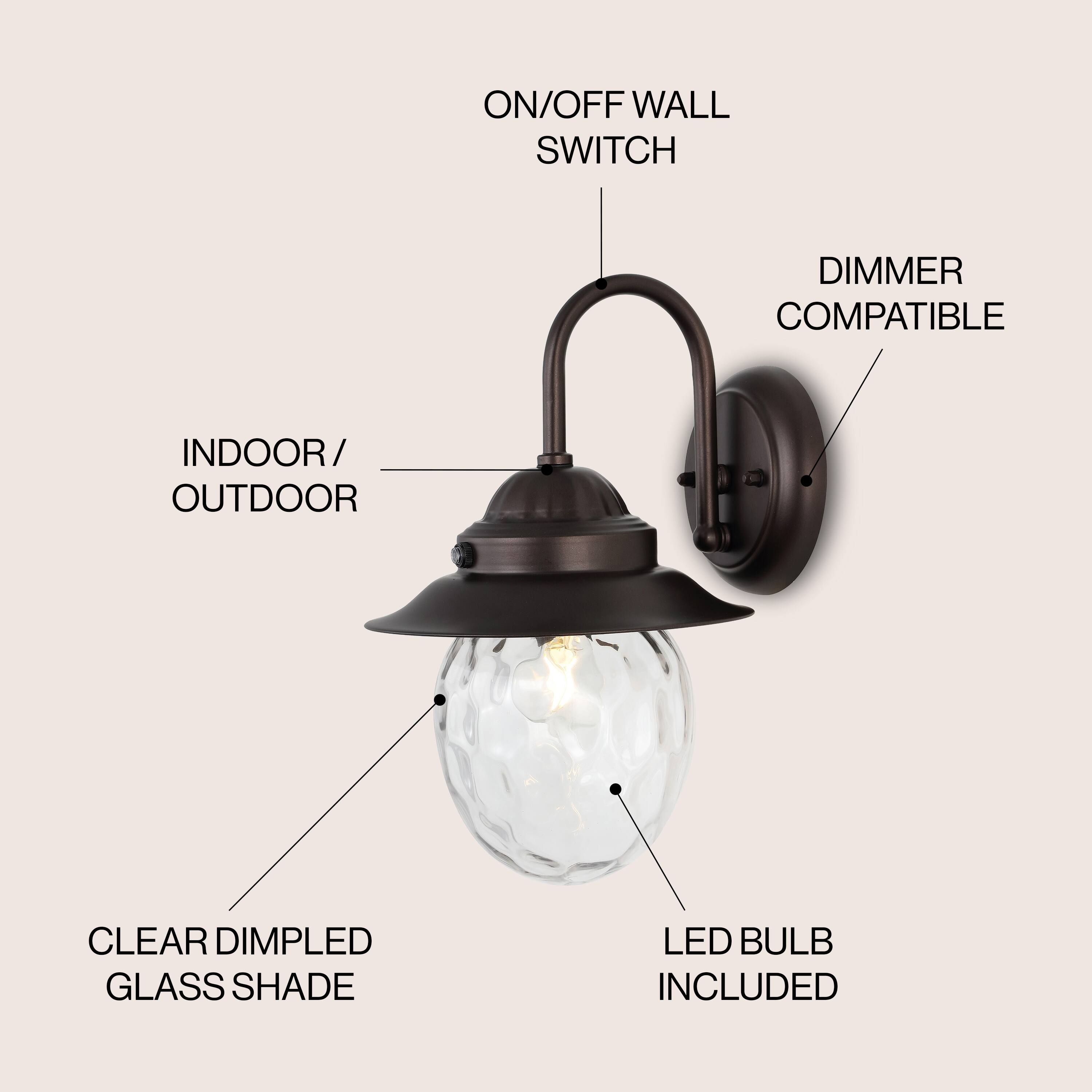 ON/OFF WALL SWITCH DIMMER COMPATIBLE INDOOR/OUTDOOR CLEAR DIMPLED GLASS SHADE LED BULB INCLUDED