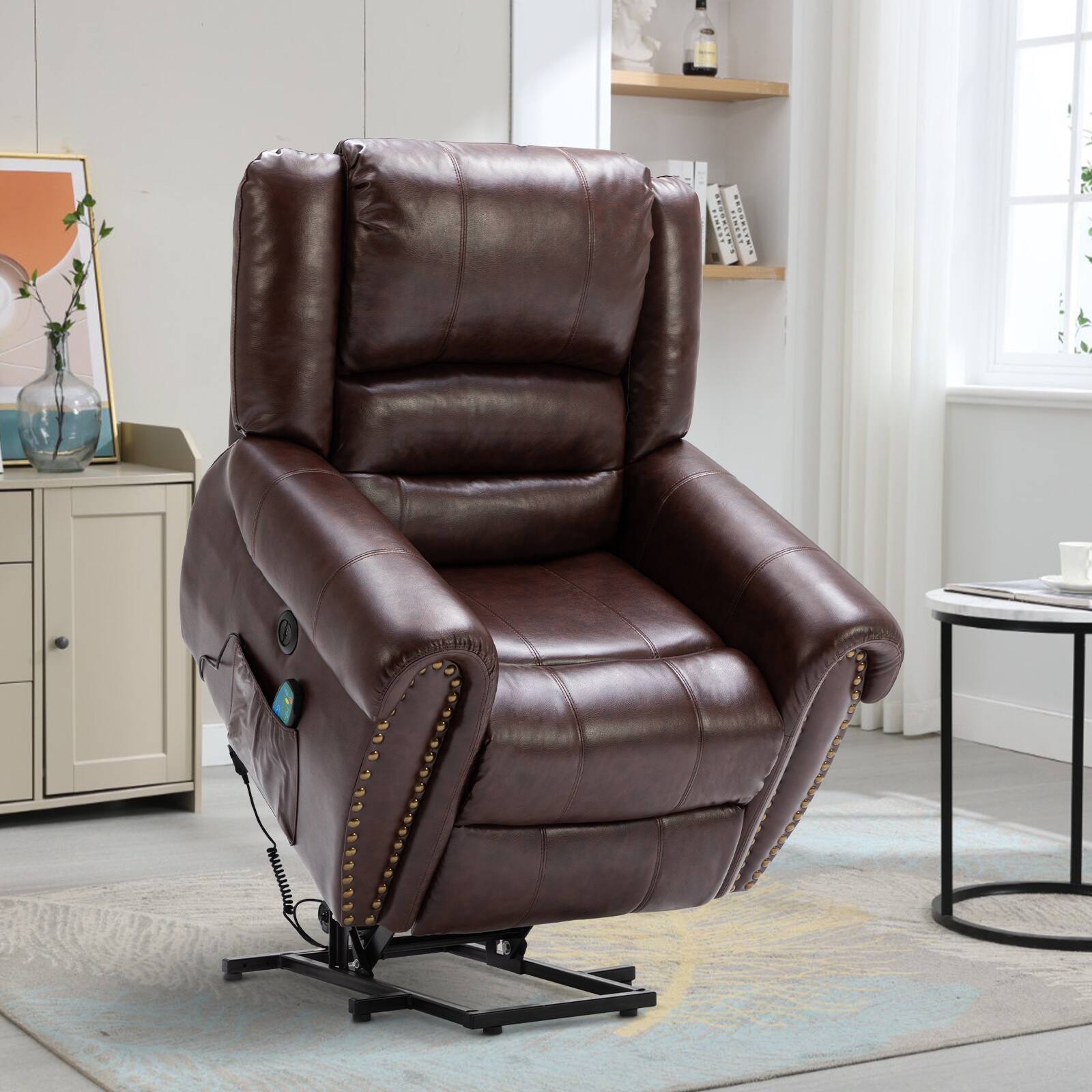 Left. Bestier - Faux Leather Power Lift Massage Recliner with Heat and USB Port - Brown.