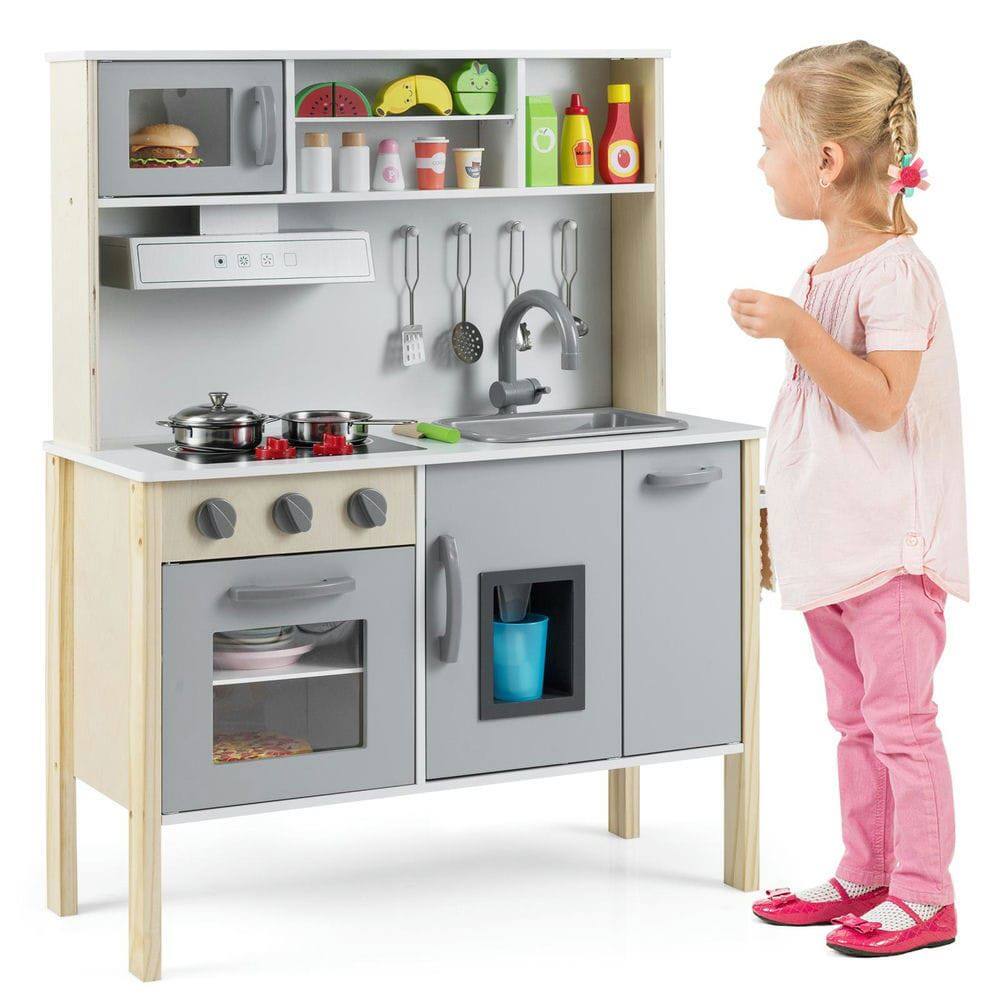 Front. Resenkos - Wooden Pretend Play Kitchen Set for Toddlers - Role-Play Toy Kitchen - Gray.