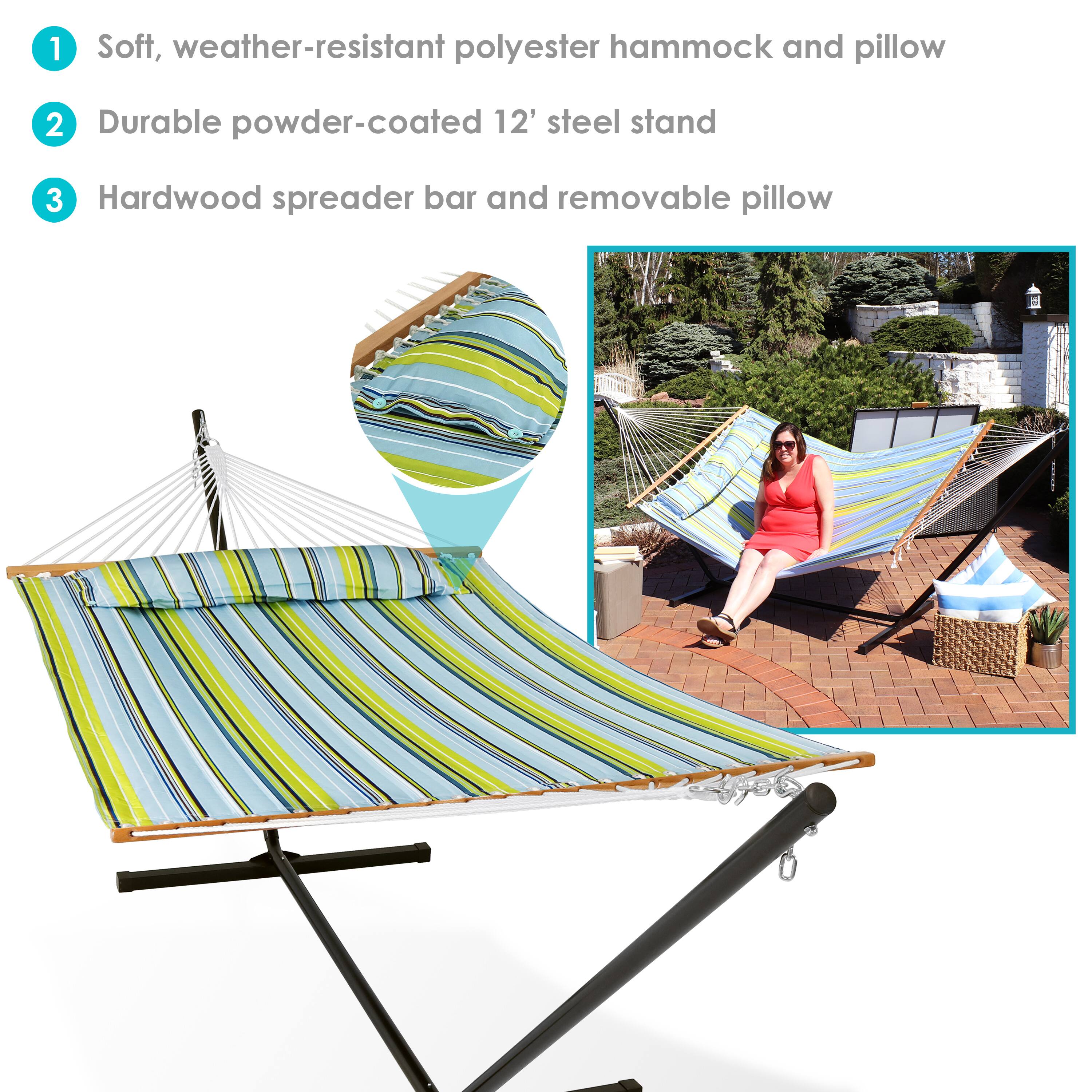 1. Soft, weather-resistant polyester hammock and pillow  
2. Durable powder-coated 12' steel stand  
3. Hardwood spreader bar and removable pillow