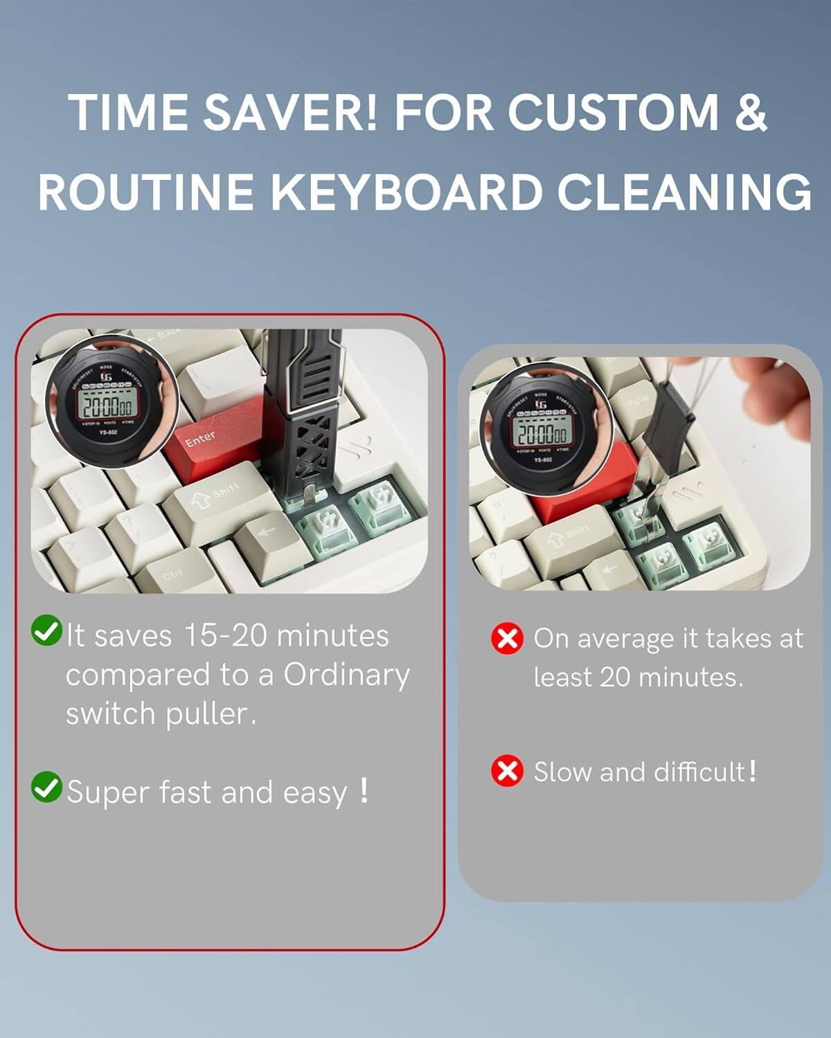 TIME SAVER! FOR CUSTOM & ROUTINE KEYBOARD CLEANING

- It saves 15-20 minutes compared to a Ordinary switch puller.
- Super fast and easy!

- On average it takes at least 20 minutes.
- Slow and difficult!