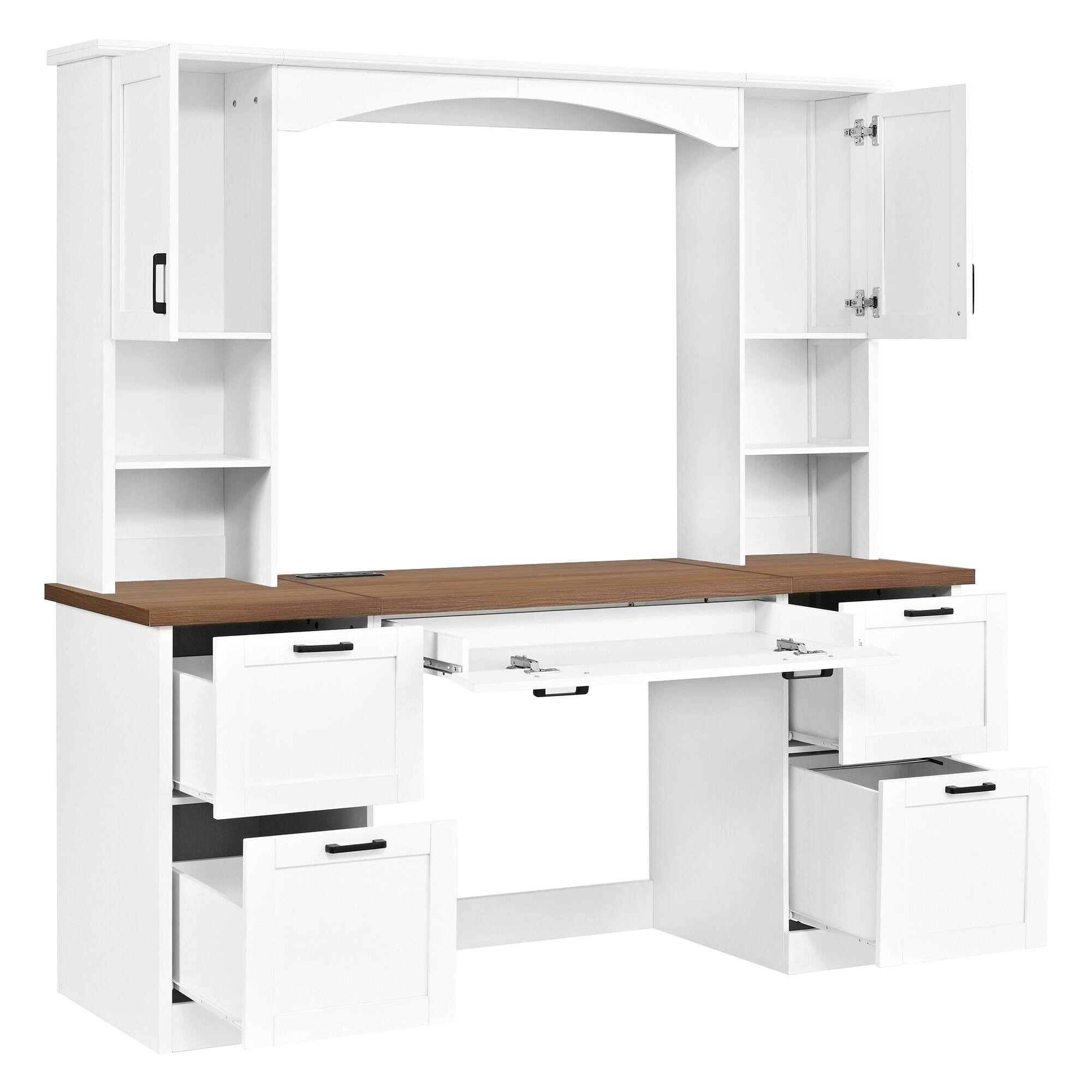 Alt View 3. RYHNUYNE - Farmhouse Arched Computer Desk with Hutch, Walnut, White Finish, Charging Station and Keyboard Tray, 67.4 inches Wide - White.