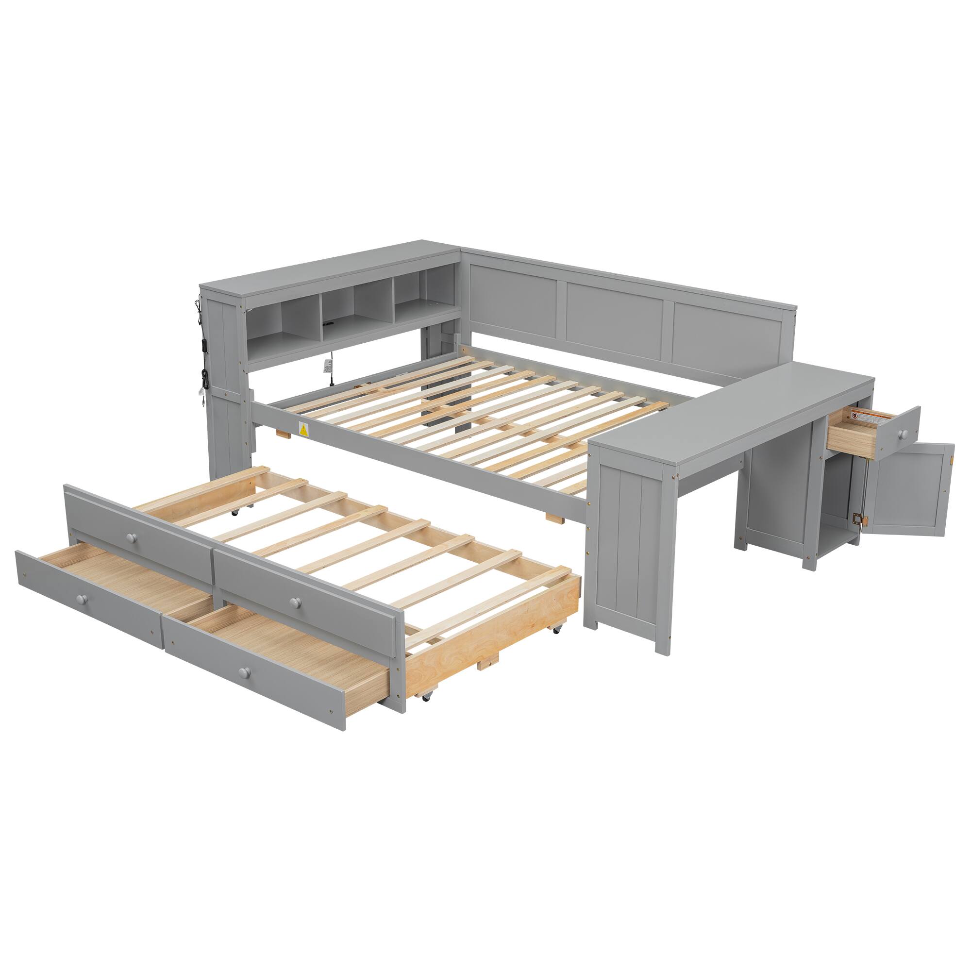 Alt View 1. Whisen - Full Size Daybed with Trundle, Storage Shelves, Drawers, Desk, LED & Charging Station - Gray.