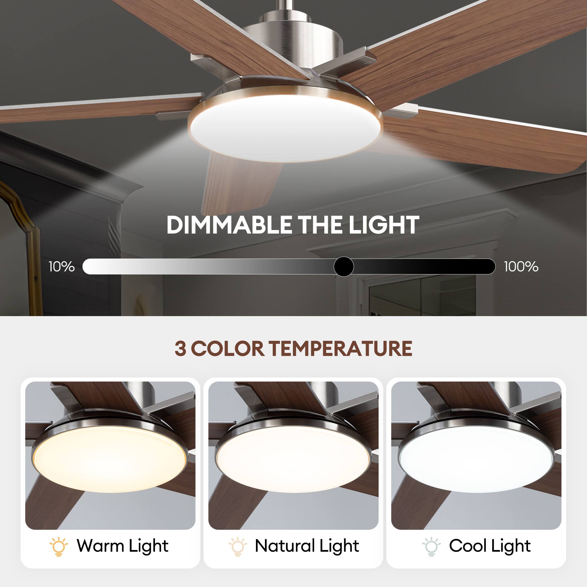 DIMMABLE THE LIGHT  
10% - 100%  

3 COLOR TEMPERATURE  
Warm Light  
Natural Light  
Cool Light