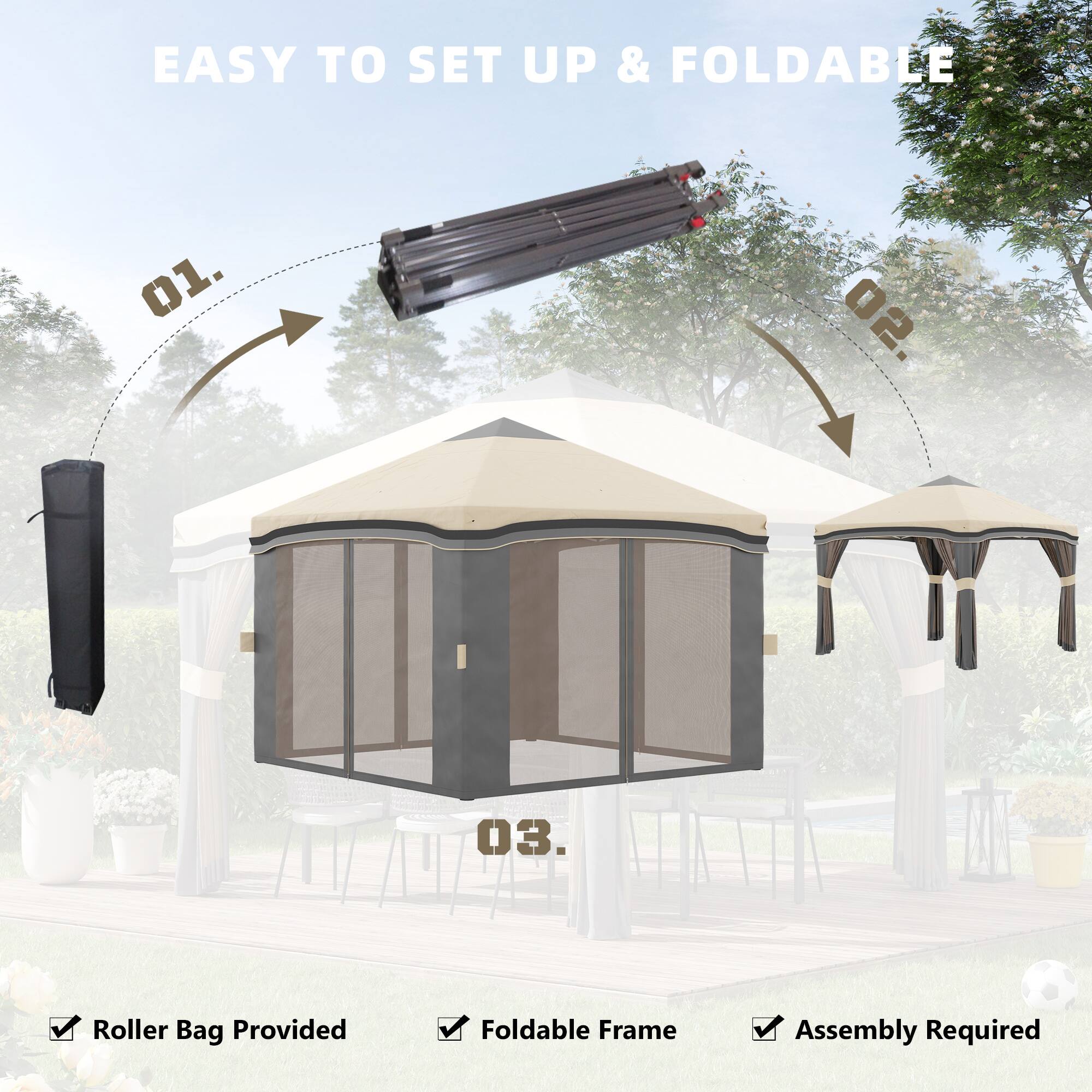 EASY TO SET UP & FOLDABLE

01. Roller Bag Provided
02. Foldable Frame
03. Assembly Required