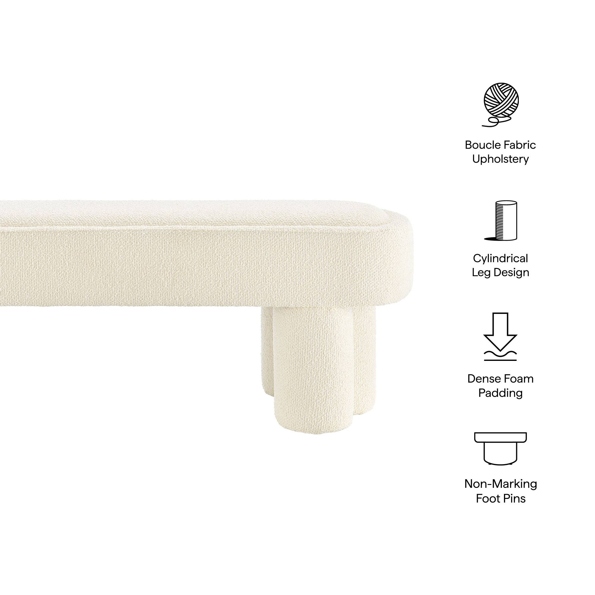 Boucle Fabric Upholstery  
Cylindrical Leg Design  
Dense Foam Padding  
Non-Marking Foot Pins