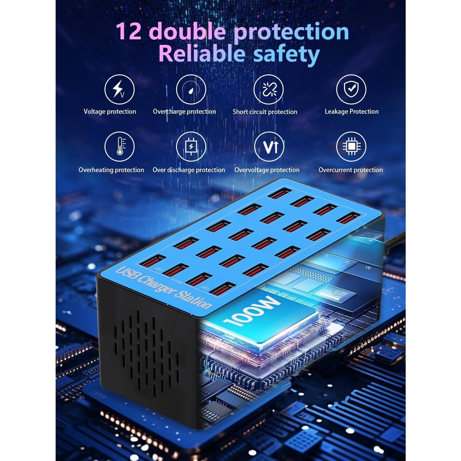 12 double protection Reliable safety

Voltage protection
Overcharge protection
Short circuit protection
Leakage Protection
Overheating protection
Over discharge protection
Overvoltage protection
Overcurrent protection
USB Charger Station
100W - Vo