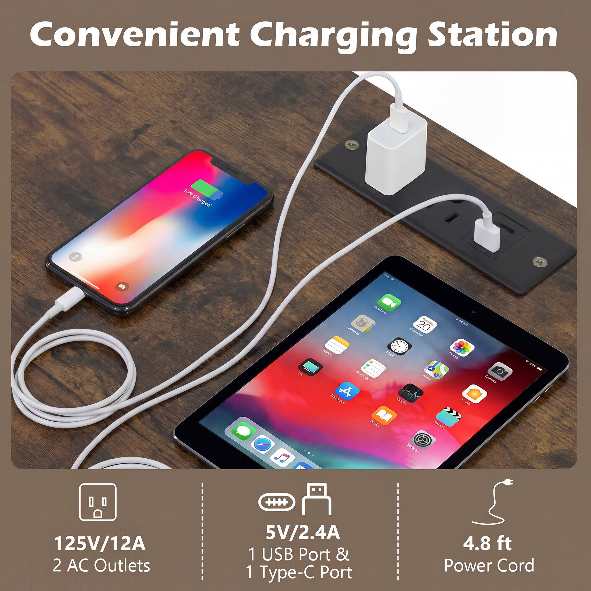 Convenient Charging Station

125V/12A 2 AC Outlets
5V/2.4A 1 USB Port & 1 Type-C Port
4.8 ft Power Cord