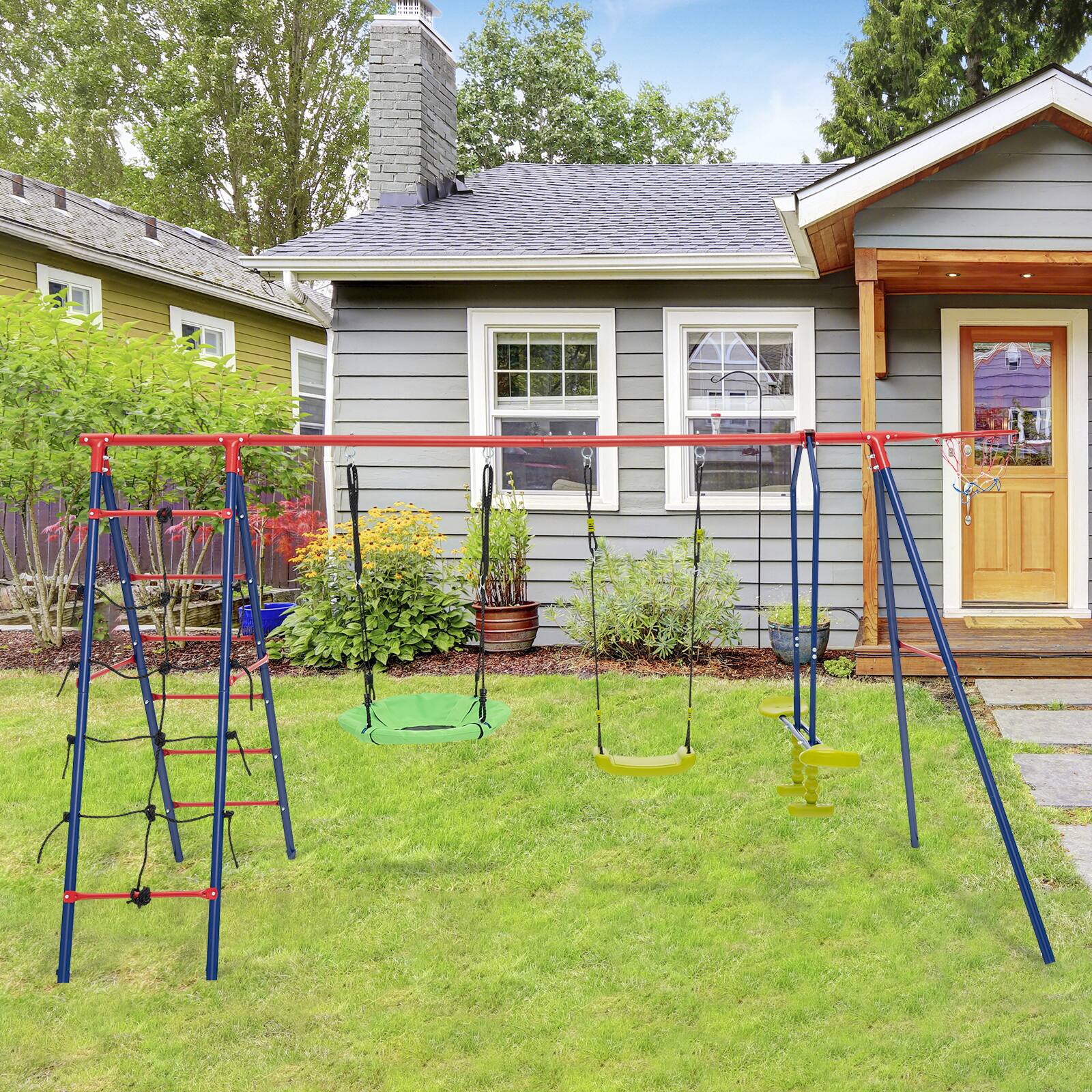 Alt View 1. Costway - Costway Swing Set for Backyard with 2 Height Adjustable Swings Glider Basketball Hoop - Red.