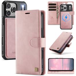 Dteck - 2 in 1 Magnetic Leather Wallet Phone Case for Apple iPhone 18 Pro Max, RFID Blocking Detachable Card Holder Stand Cover - Pink