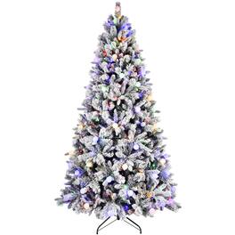 Spaco - 7.5ft Flocked Christmas Tree with Warm White Lights and Hinged Base - Green