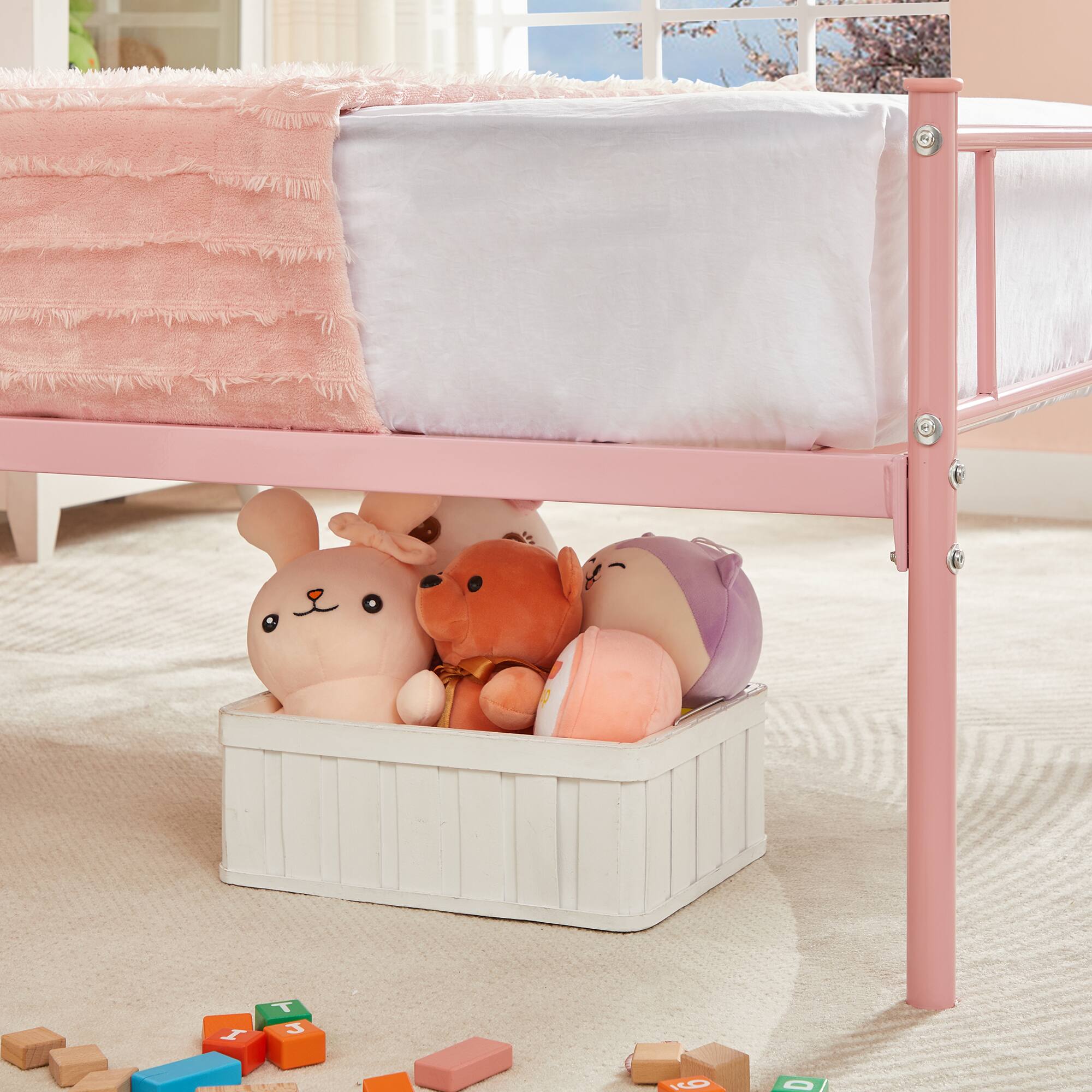 Back. Vecelo - 14" Twin Metal Bed Frame with Headboard&Footboard, Heavy Duty Steel Slats, No Box Spring, Pink-Easy Assembly - Pink.