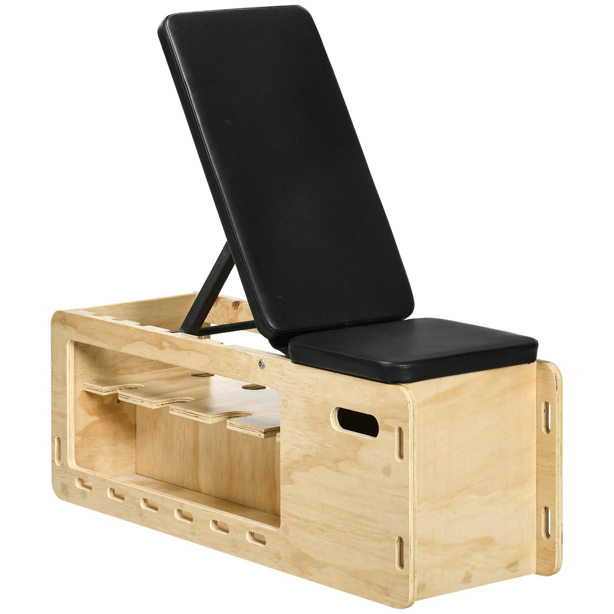 Front. Soozier - Workout Bench with Dumbbell Rack and Resistance Bands - Natural wood finish.