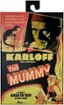 The text on the image reads: "Buried Alive! Brought to Life Again - 3721 Years Later! Karloff The Uncanny in The Mummy. Ultimate Ardath Bey Action Figure. Neca Release."