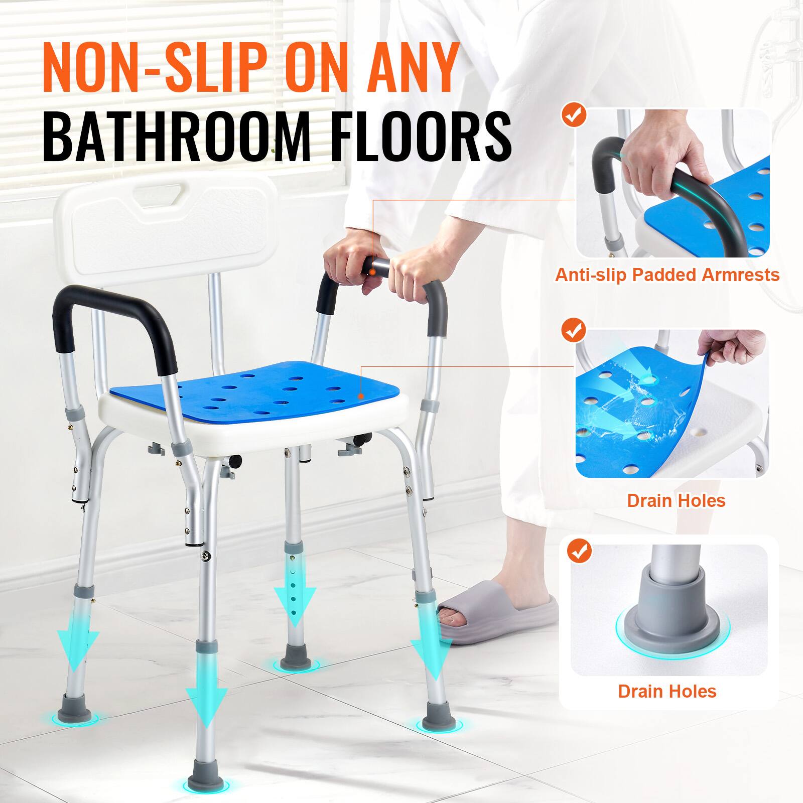 NON-SLIP ON ANY BATHROOM FLOORS, Anti-slip Padded Armrests, Drain Holes