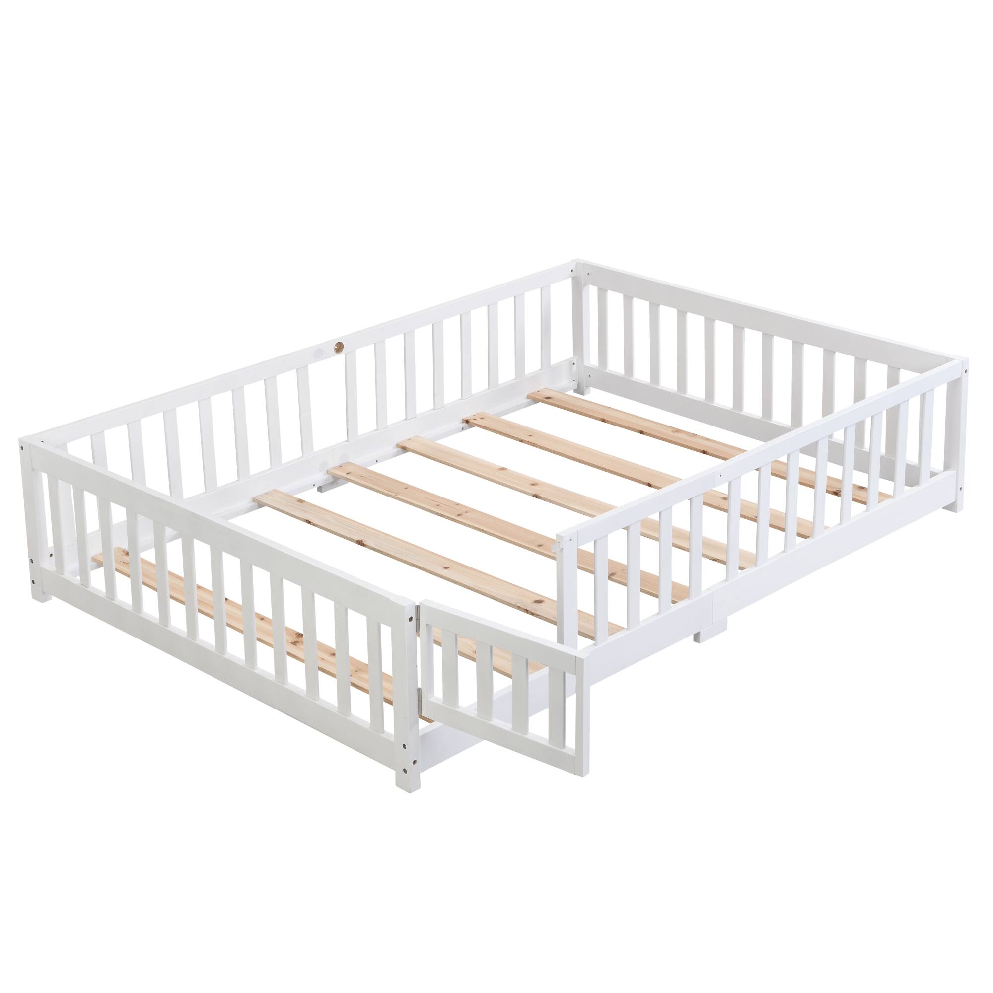 Angle. GOODSILO - Twin Size Solid Wood Platform Floor Bed with Safety Guardrails and Door for Children's Room - White.