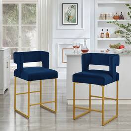 GOODSILO - Contemporary Square Backrest Counter Height Bar Stools Set of 2 with Sturdy Metal Legs for Kitchen Islands - Navy
