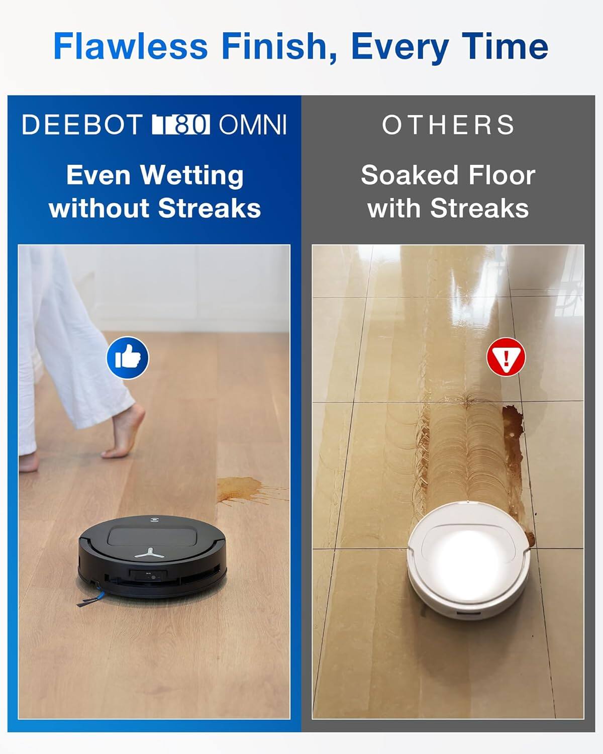 Flawless Finish, Every Time

DEEBOT 80 OMNI  
Even Wetting without Streaks

OTHERS  
Soaked Floor with Streaks