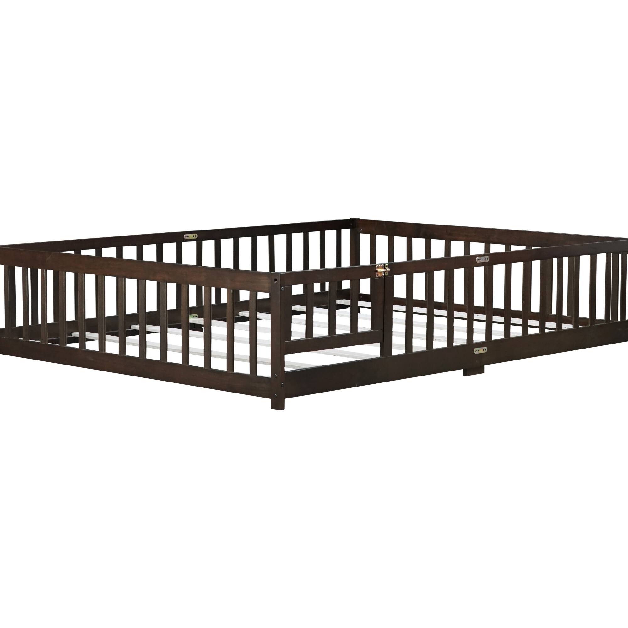 Alt View 8. GOODSILO - Queen Size Low-Profile Platform Bed with Safety Guardrails and Entry Door for Secure Sleeping Space - Espresso.