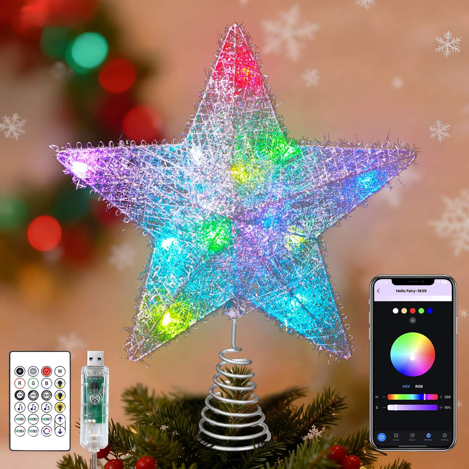 Stylel Star - Christmas Star Tree Topper 9'' Smart Glitter Hollow With Remote & App Control 15 Leds For Xmas Holiday Party - Silver