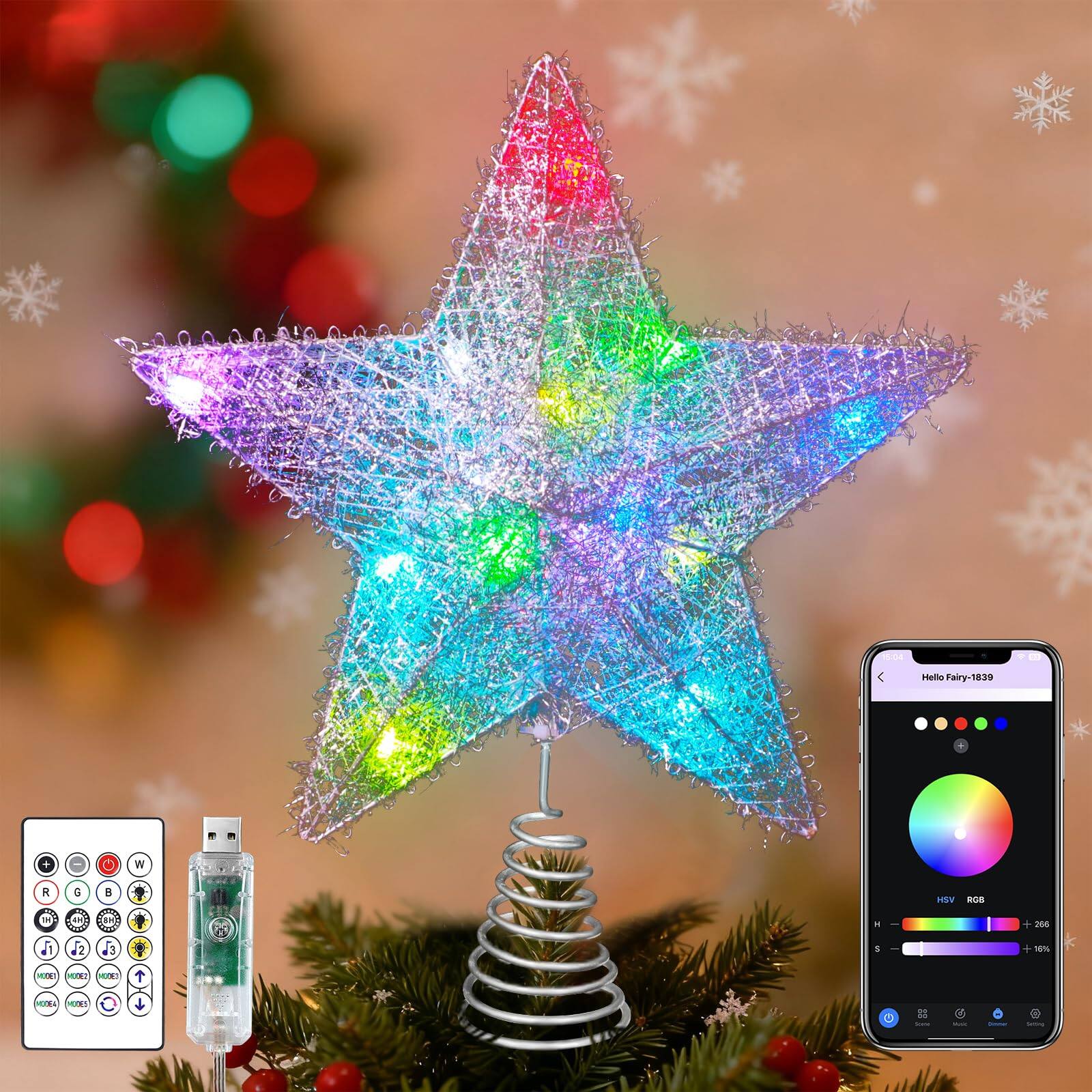 Stylel Star - Christmas Star Tree Topper 9'' Smart Glitter Hollow With Remote & App Control 15 Leds For Xmas Holiday Party - Silver