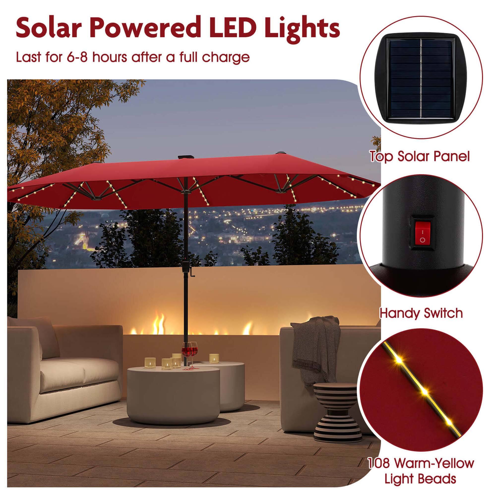Solar Powered LED Lights:
- Last for 6-8 hours after a full charge
- Top Solar Panel
- Handy Switch
- 108 Warm-Yellow Light Beads