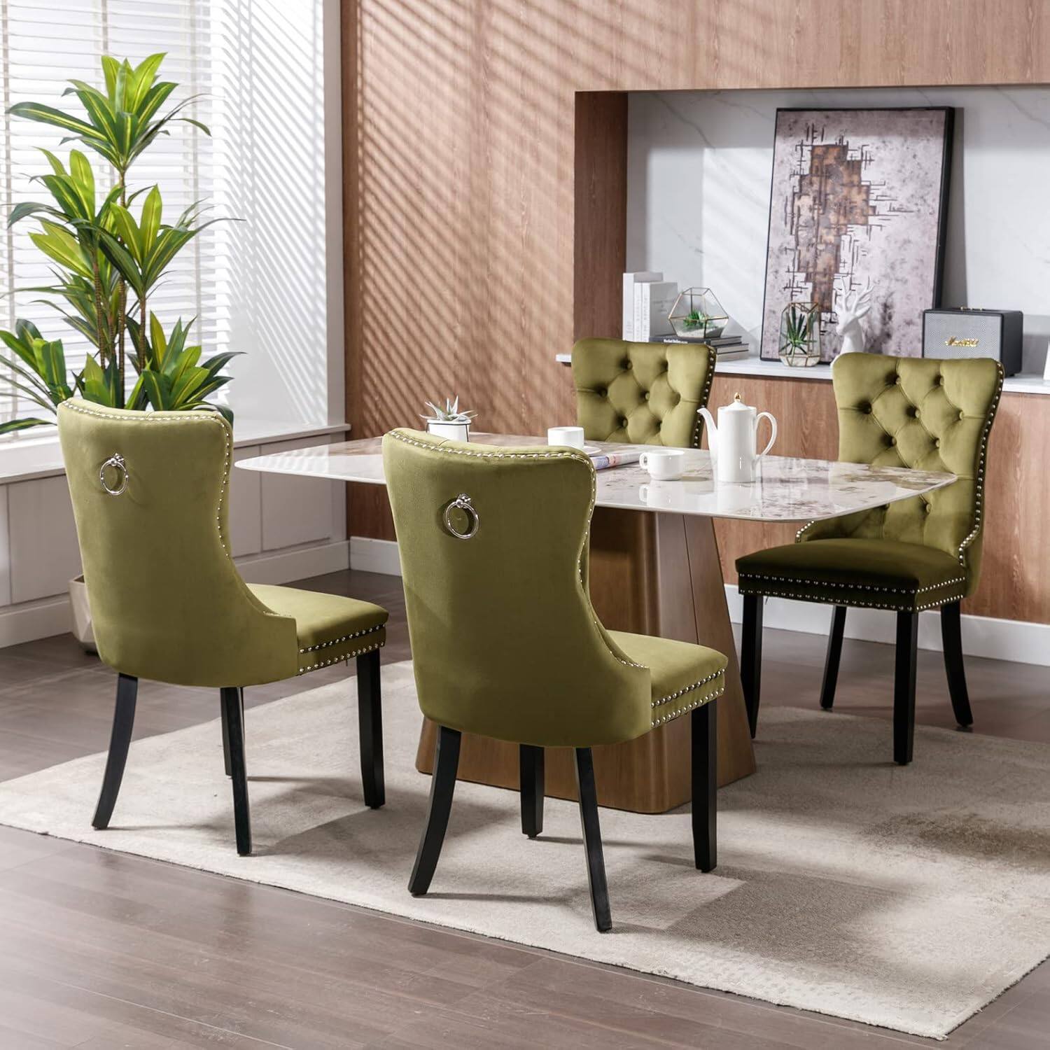 Alt View 3. Trinkets Crazed - Velvet Dining Chairs Set of 2, Upholstered High-end Tufted Dining Room Chair with Wood Legs Nailhead Trim for Kitchen - Olive green.