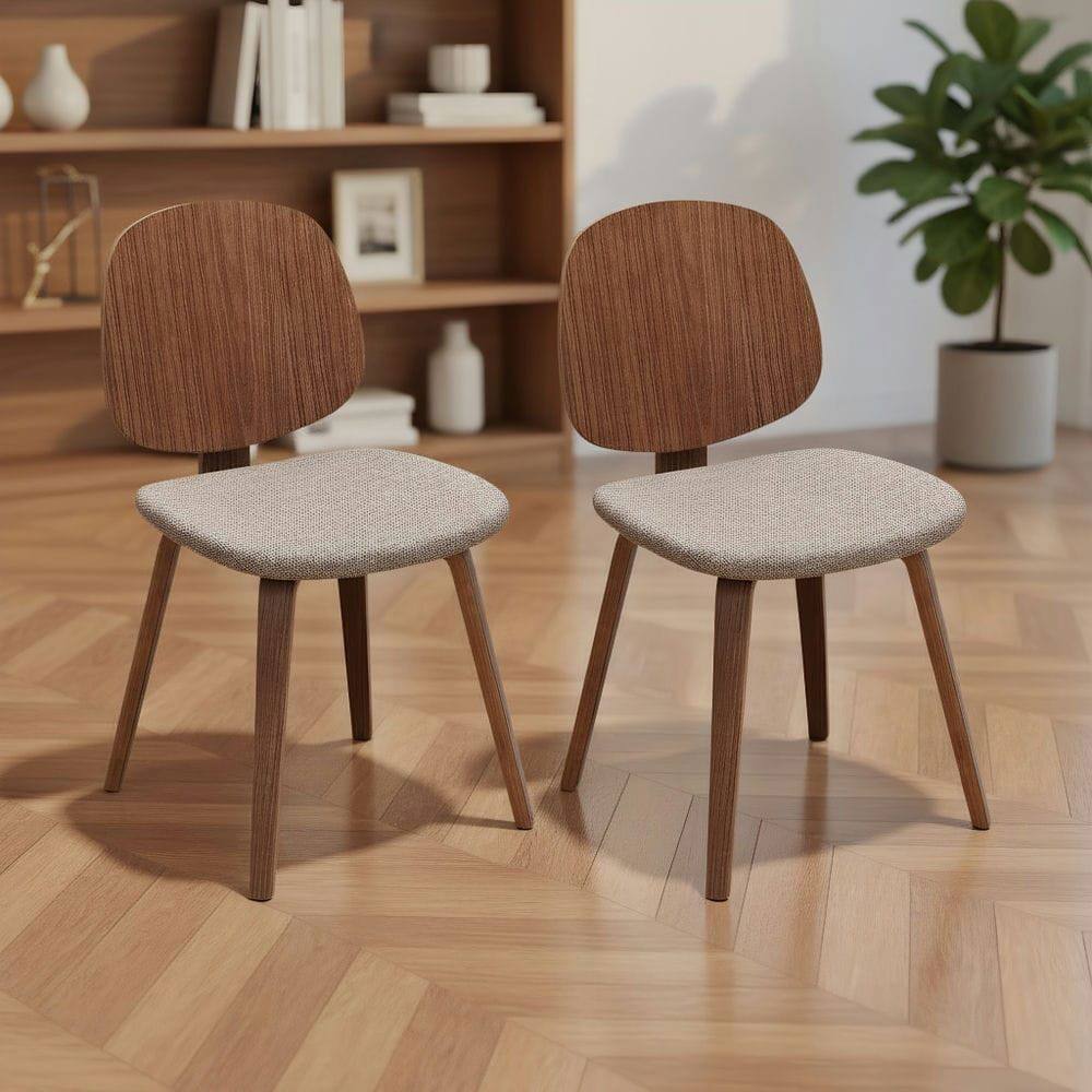 Front. Kadyn - Set of 2 Wooden Dining Chairs with Bentwood Frame and Padded Seat, Walnut and Gray - Brown.