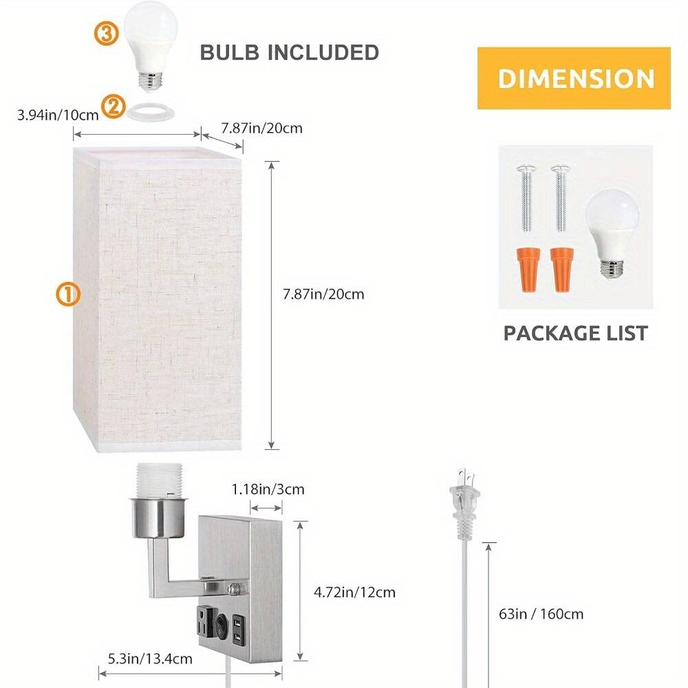 3.94in/10cm

BULB INCLUDED 7.87in/20cm

DIMENSION

7.87in/20cm

PACKAGE LIST

1.18in/3cm

4.72in/12cm

63in / 160cm

5.3in/13.4cm