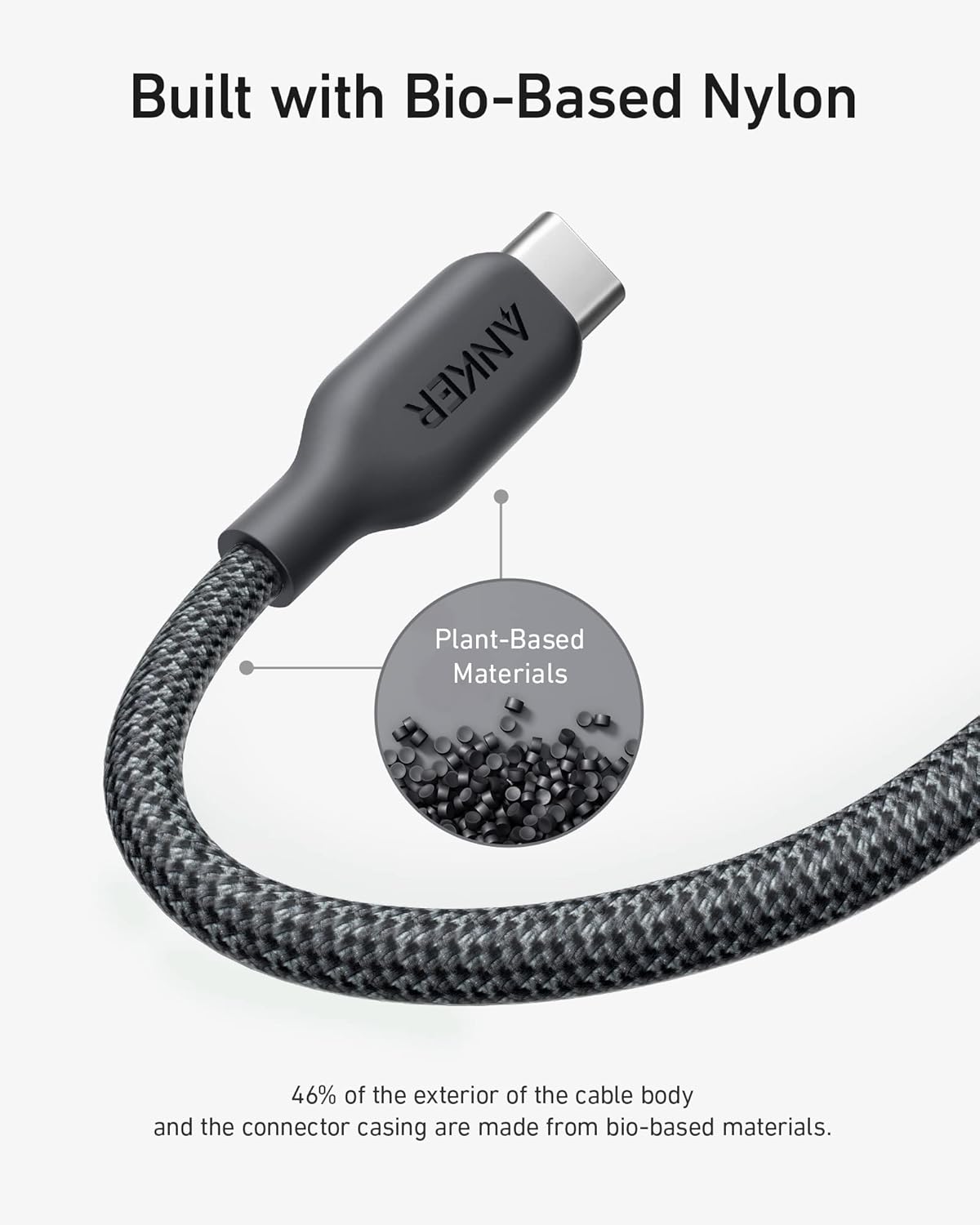 Built with Bio-Based Nylon

Plant-Based Materials

46% of the exterior of the cable body and the connector casing are made from bio-based materials.