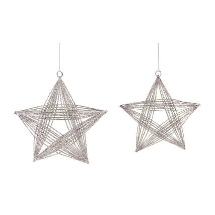 Front. Melrose - Set of 2 Silver Glittered 3D Wire Frame Star Christmas Ornaments 8.25" - Silver.