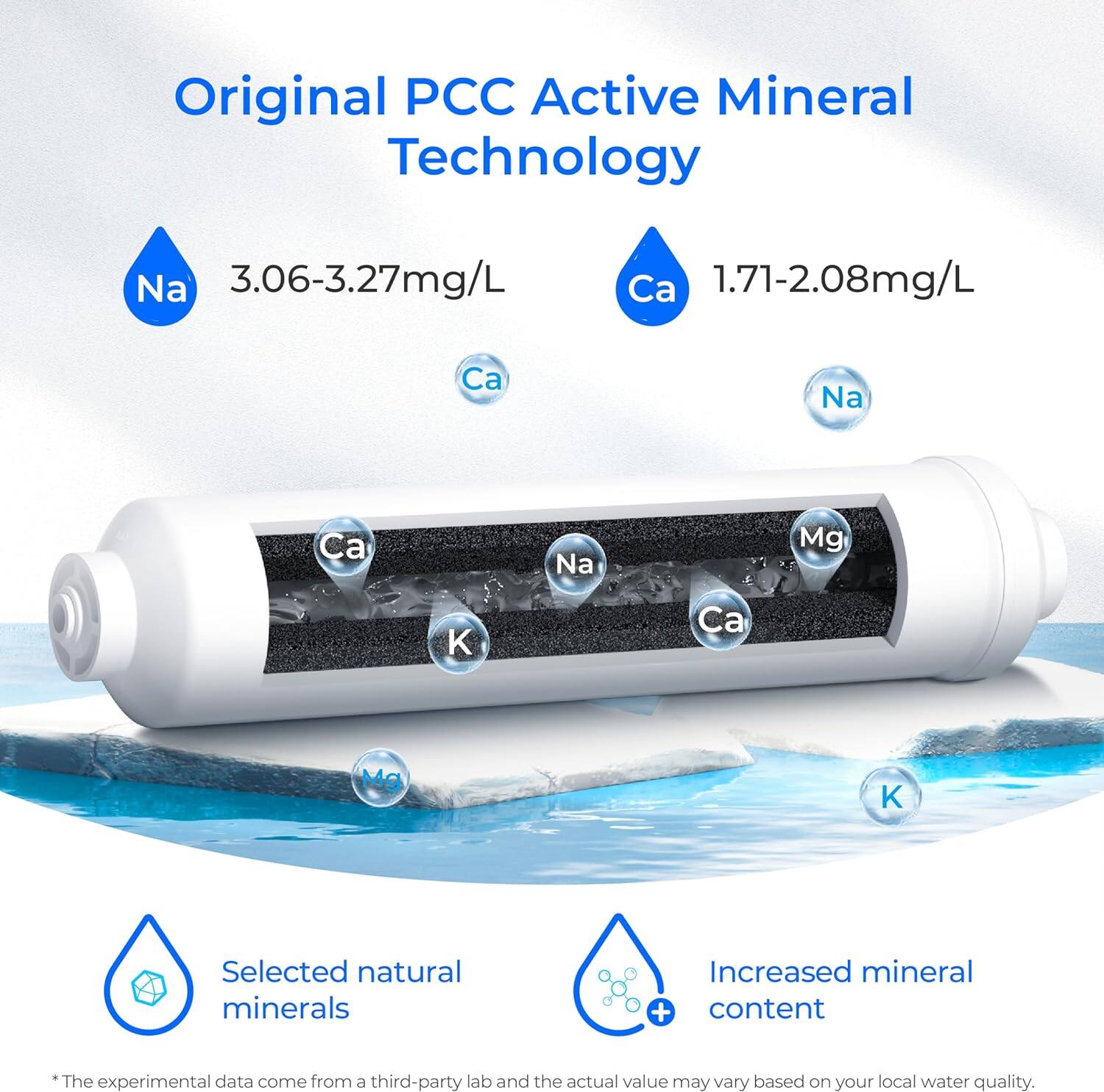 Original PCC Active Mineral Technology
Na 3.06-3.27mg/L
Ca 1.71-2.08mg/L

Selected natural minerals
Increased mineral content

*The experimental data come from a third-party lab and the actual value may vary based on your local water quality.