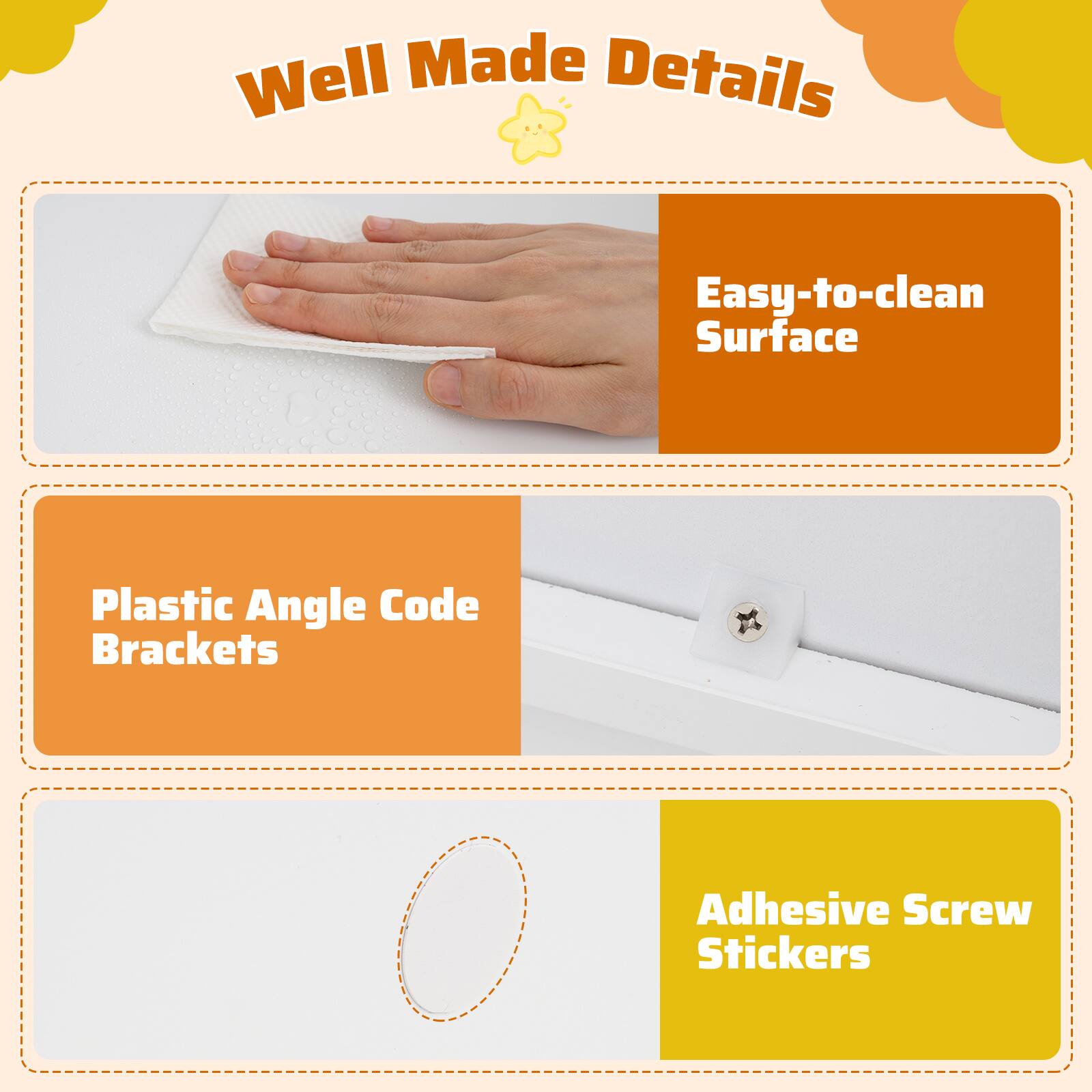 Well Made Details

- Easy-to-clean Surface
- Plastic Angle Code Brackets
- Adhesive Screw Stickers