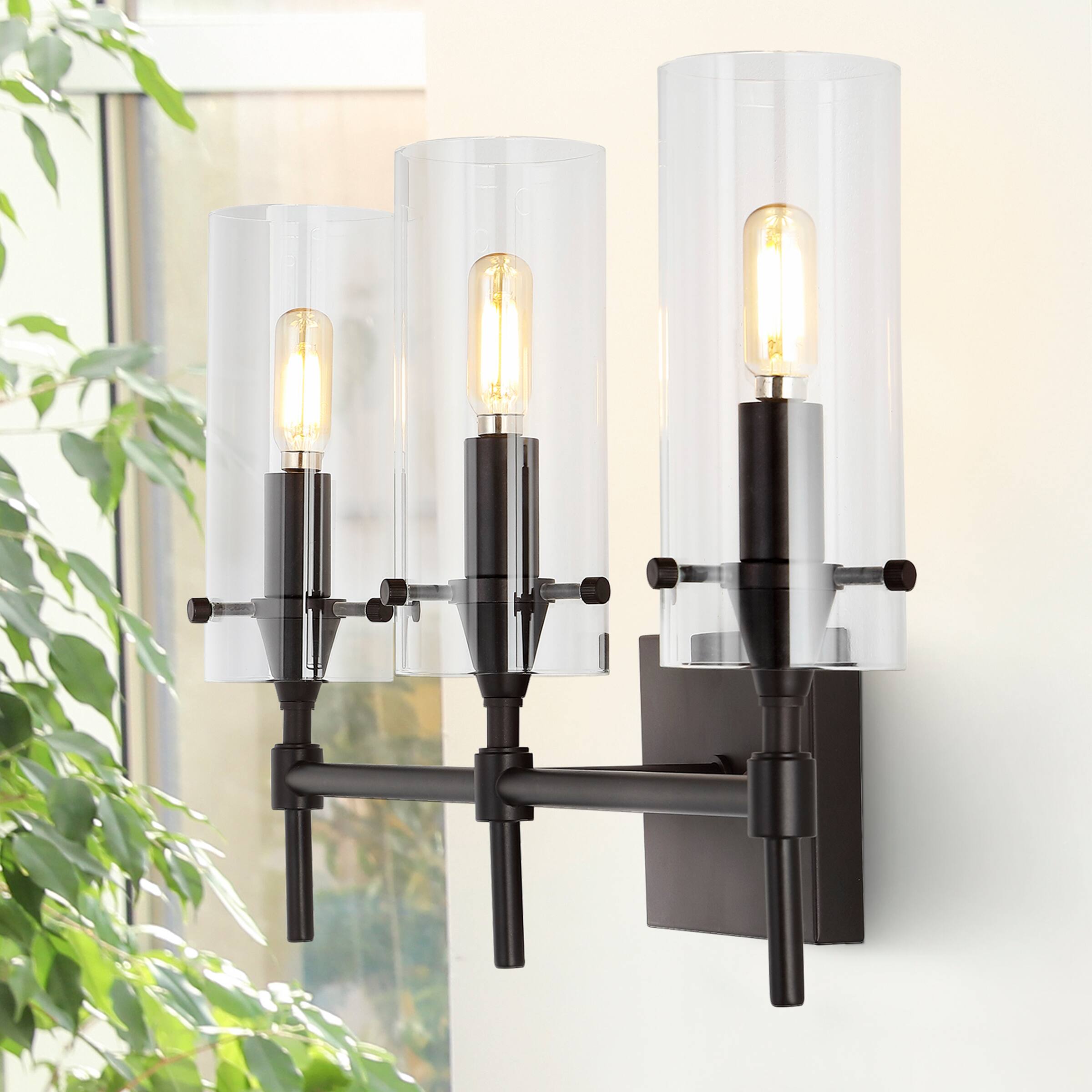 Alt View 1. Jonathan Y - Cato 21.25" 3-Light Modern Farmhouse Iron/Glass LED Vanity, Oil Rubbed Bronze/Clear - Oil Rubbed Bronze.