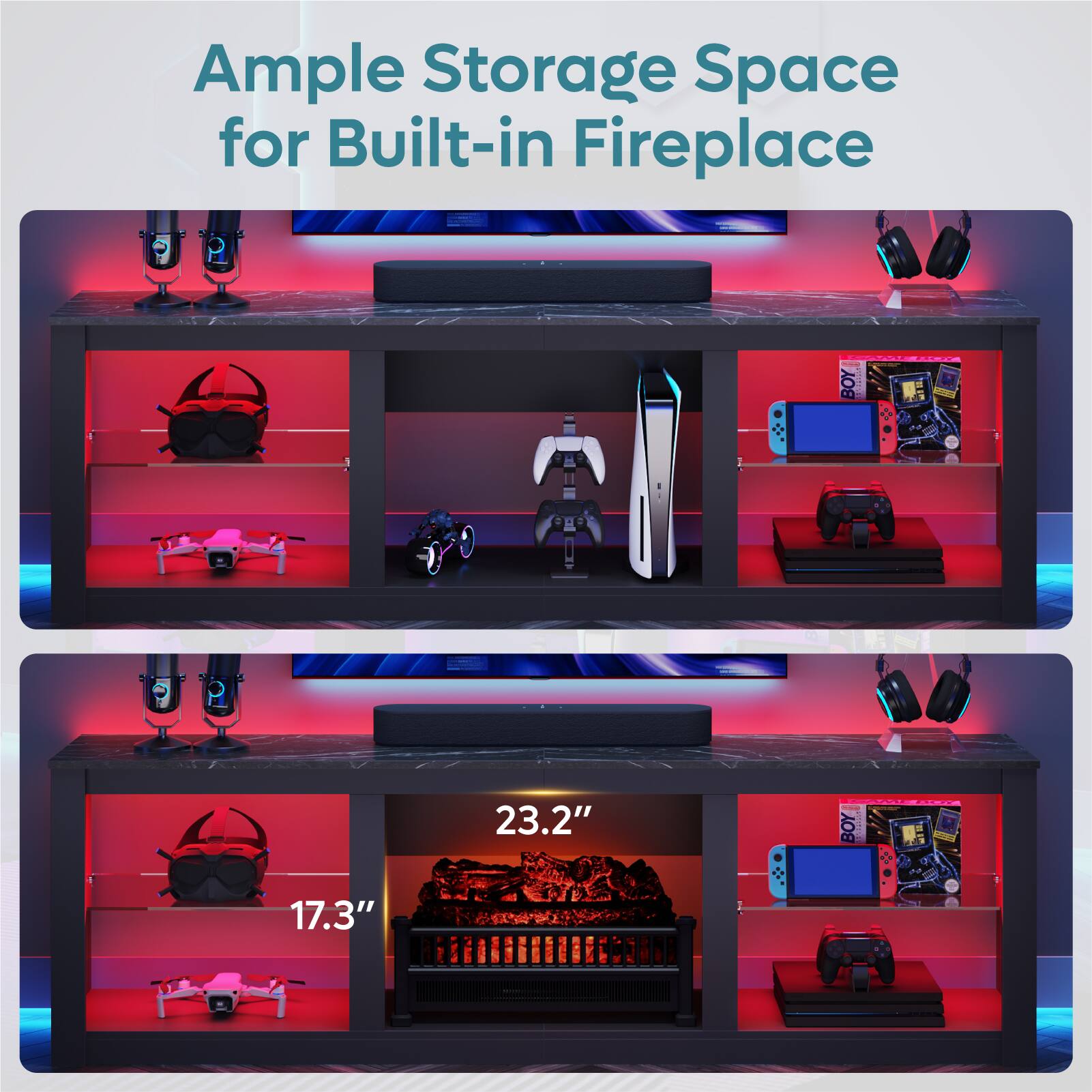 Ample Storage Space for Built-in Fireplace: 23.2" BOY | 17.3" BOY