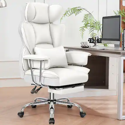 Front. KERDOM - Ergonomic Big and Tall Office Chair with Footrest, Soft High Back Executive Beautiful PU Leather Computer Chair - White.