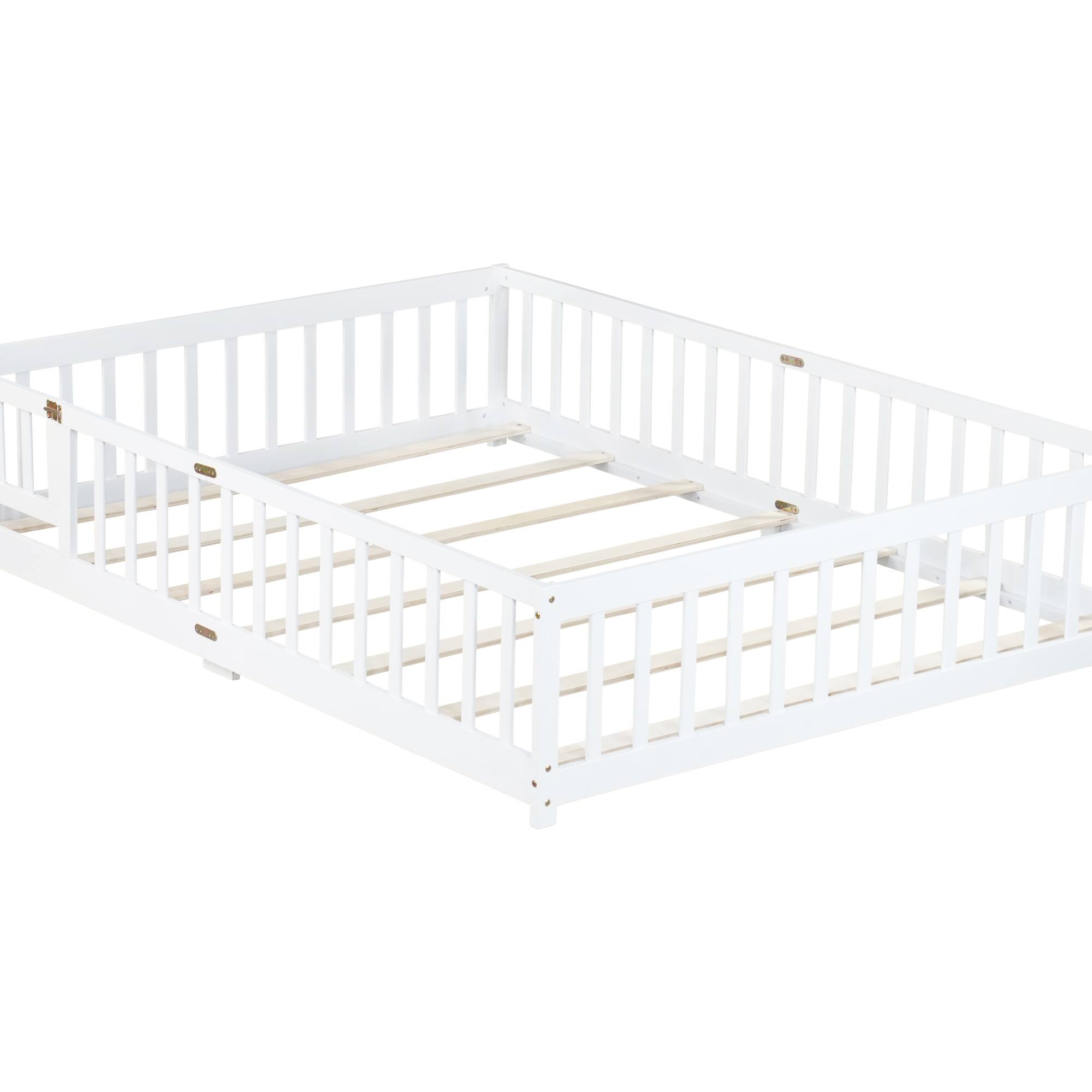 Alt View 9. GOODSILO - Queen Size Low-Profile Platform Bed with Safety Guardrails and Entry Door for Secure Sleeping Space - White.