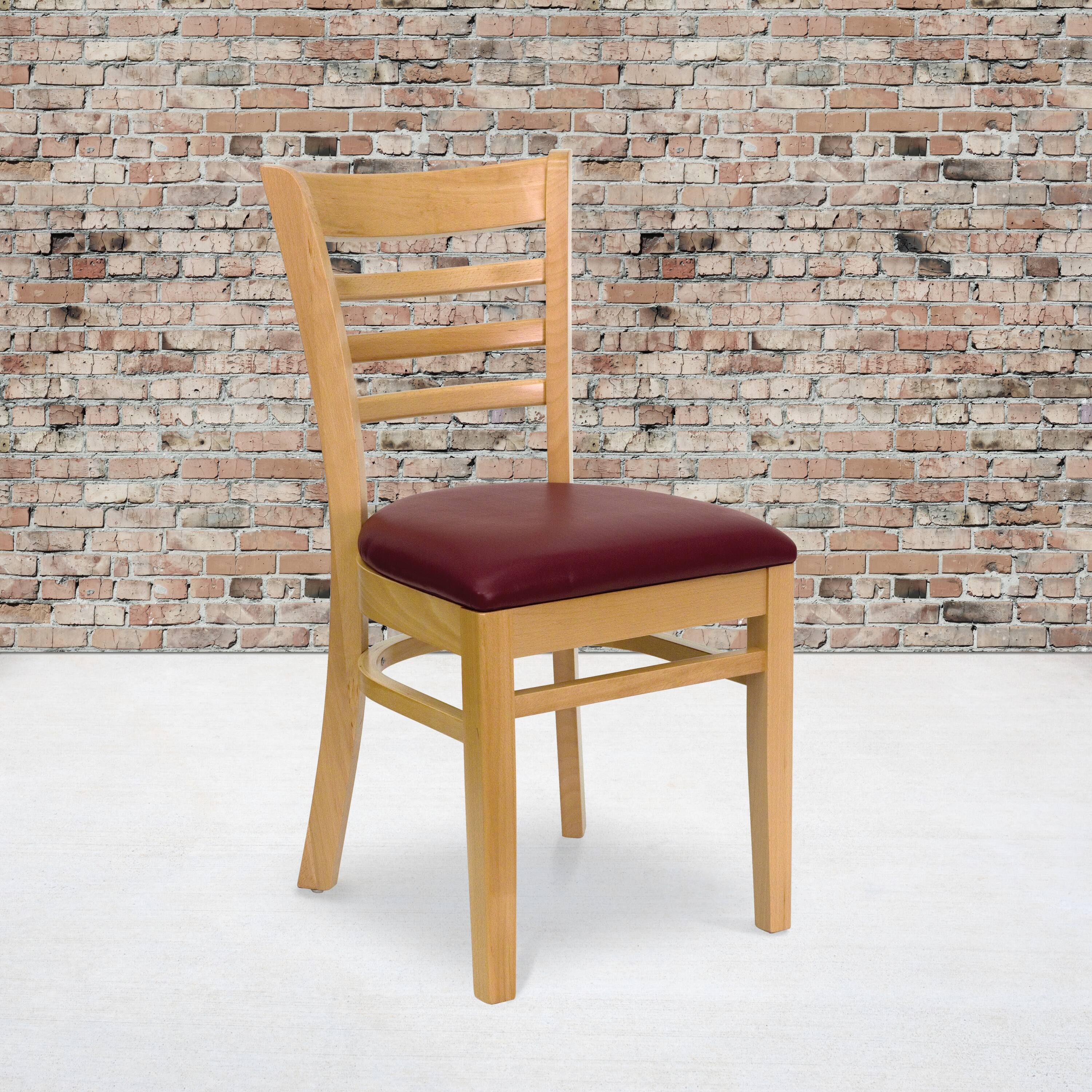 Alt View 1. Emma + Oliver - Ladder Back Wooden Restaurant Dining Chair - Burgundy Vinyl Seat/Natural Wood Frame.