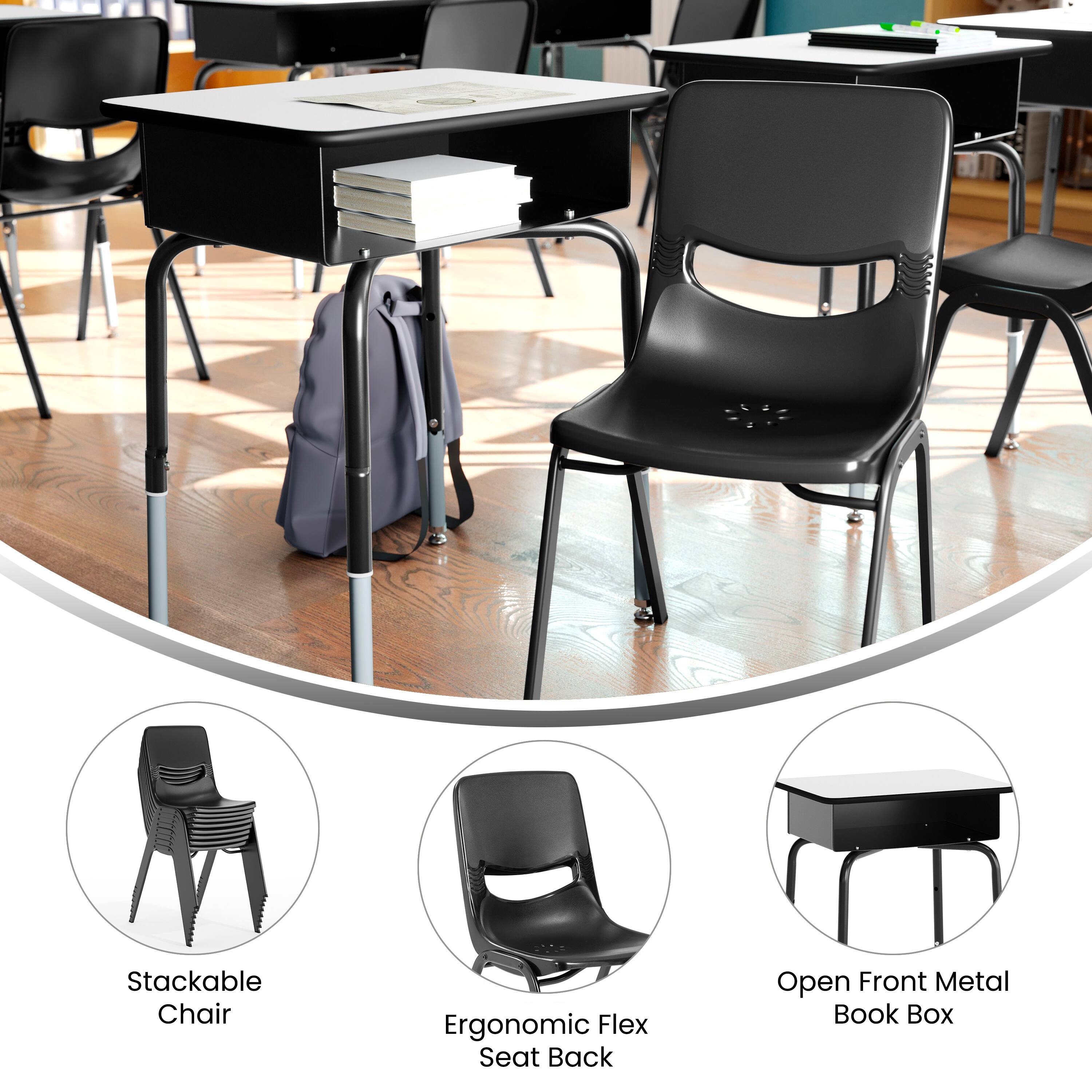 Stackable Chair  
Ergonomic Flex Seat Back  
Open Front Metal Book Box