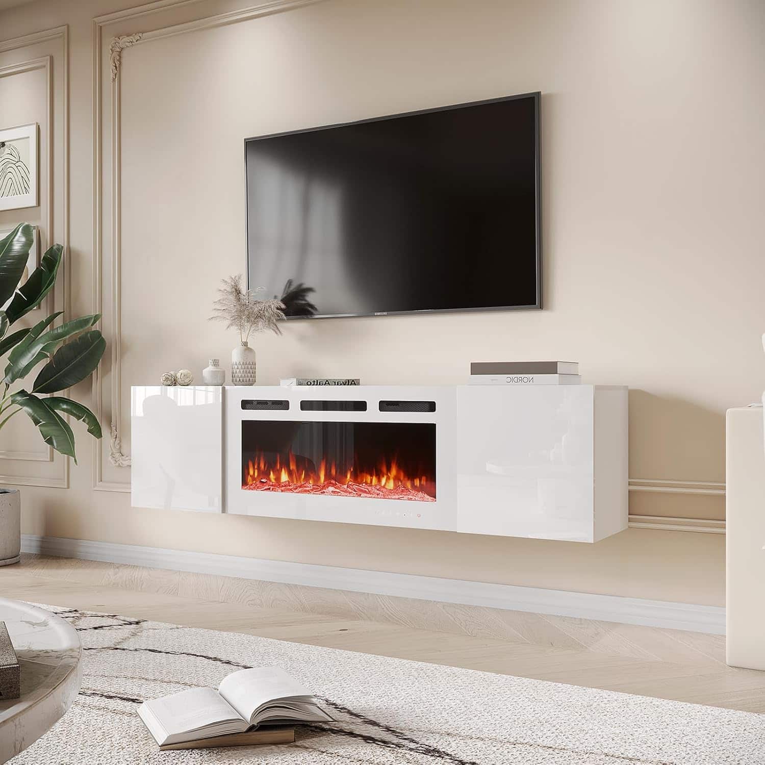 U-HOMY - 70" Floating Fireplace TV Stand with Electric Heater, Wall-Mounted Media Console with Storage - White