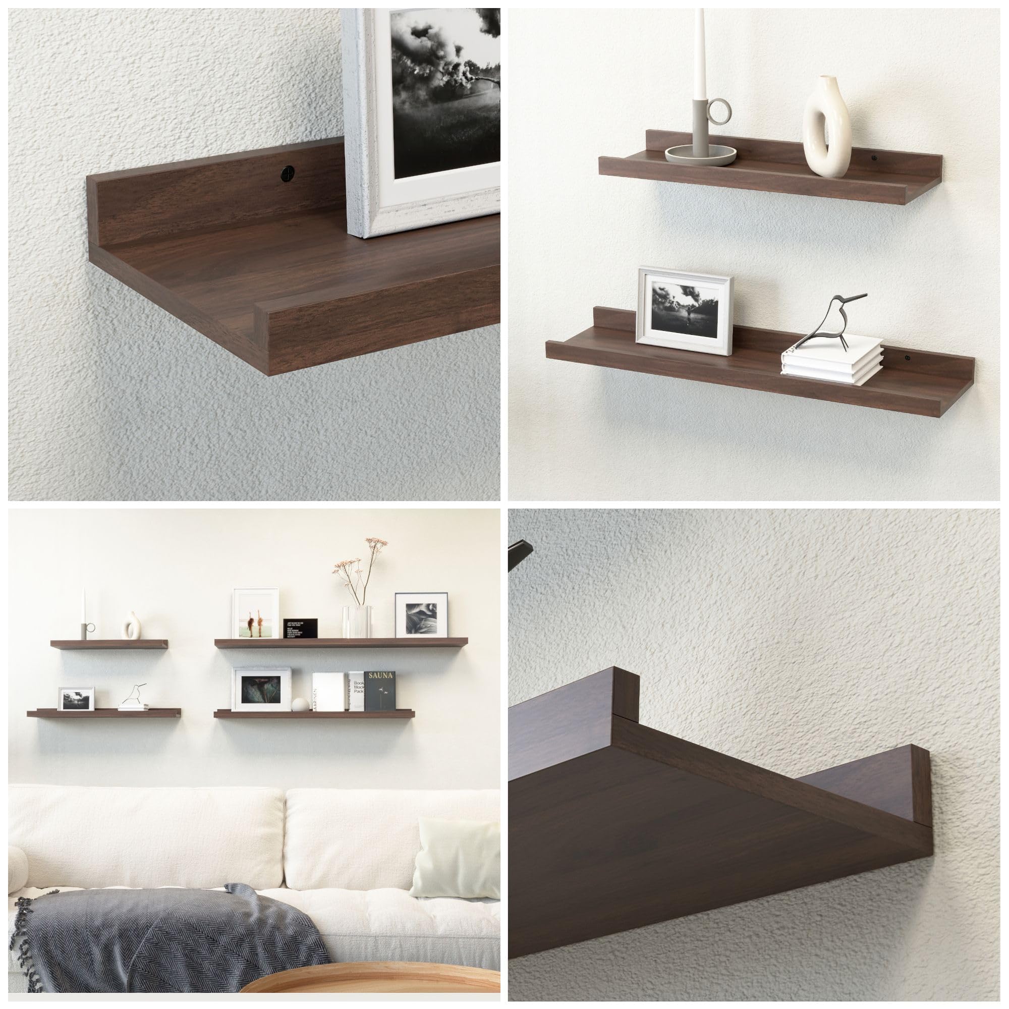Alt View 1. Dazzed Corner - 5 Set Floating Shelves for Wall Decor, with Lip - Walnut.
