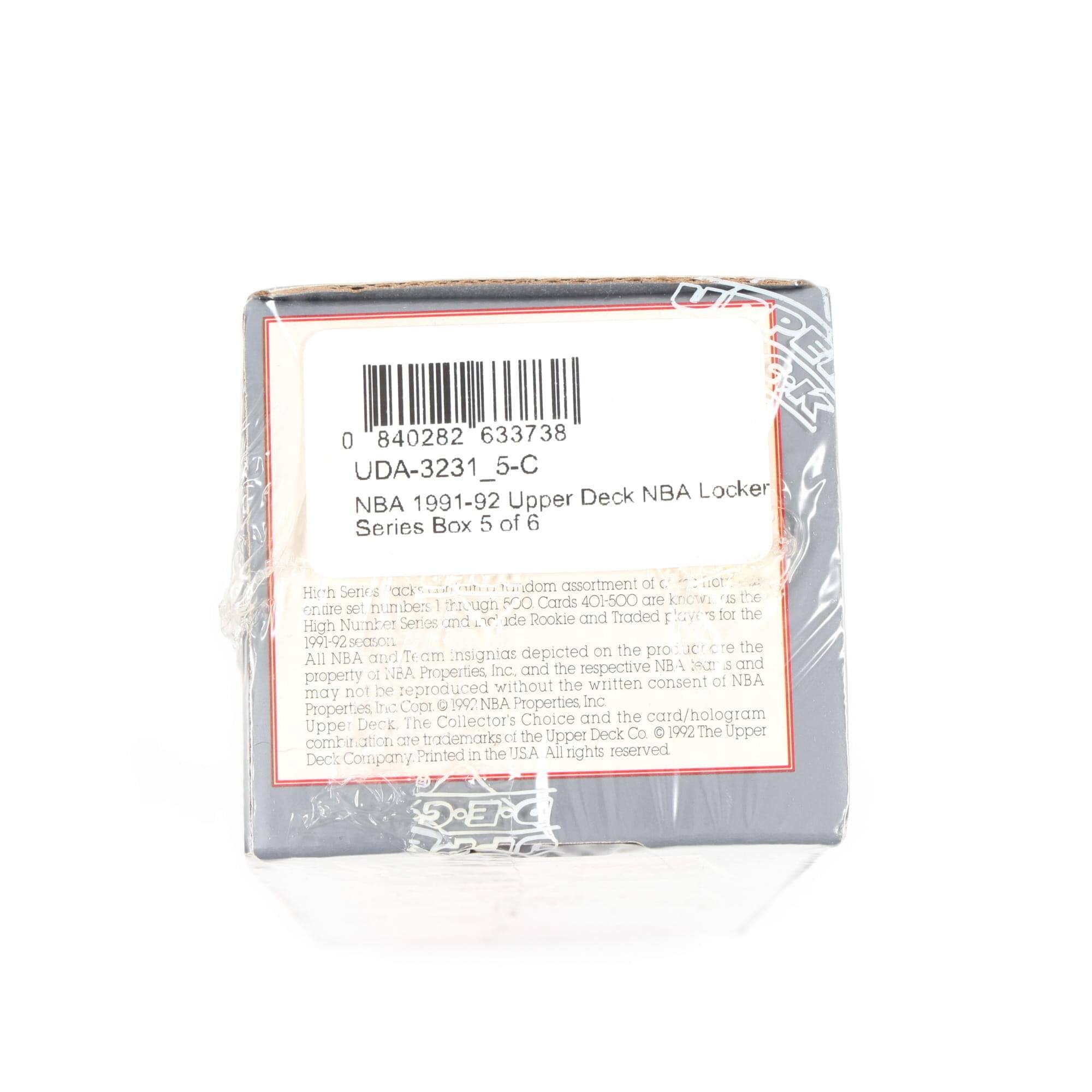 0 840282 633738  
UDA-3231_5-C  
NBA 1991-92 Upper Deck NBA Locker Series Box 5 of 6  

High Series cards: 1 through 500 are known as the "High Number Series" and are the rookie and traded players for the 1991-92 season. The Team insignias depicted on the product are the property of NBA Properties Inc. and the respective NBA teams. All NBA and team insignias depicted on the product are the property of NBA Properties Inc. and the respective NBA teams. The card/hologram combination are trademarks of the Upper Deck Co. © 1992 The Upper Deck Co. All rights reserved. Printed in the USA.  

All NBA and team insignias depicted on the product are the property of NBA Properties Inc. and the respective NBA teams. The card/hologram combination are trademarks of the Upper Deck Co. © 1992 The Upper Deck Co. All rights reserved.