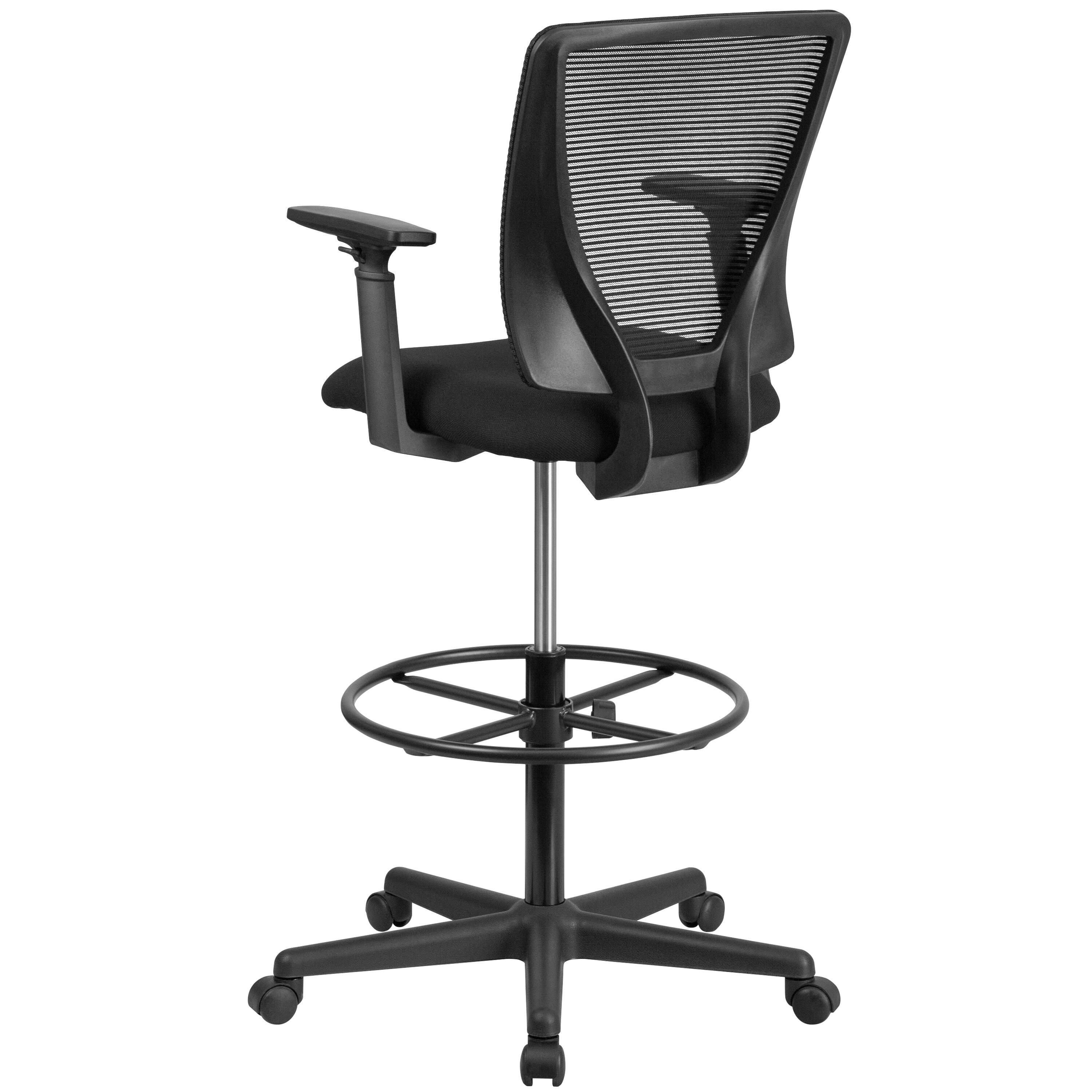 Alt View 5. Emma + Oliver - Ergonomic Mid-Back Mesh Drafting Chair with Fabric Seat, Adjustable Foot Ring and Arms - Black.
